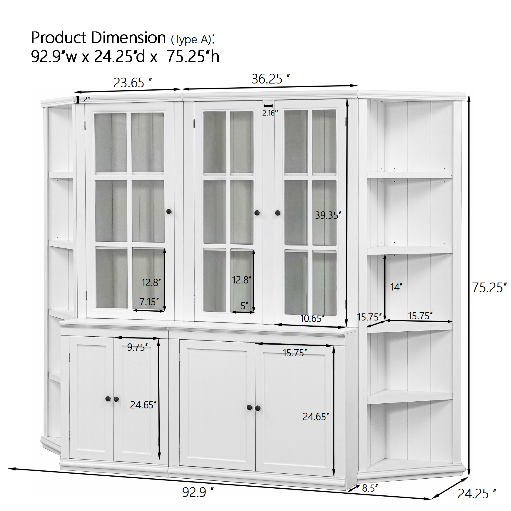 Retro Style Wall Suit with Glass Doors, 75.25'' Tall Display Cabinets & Triangle Sided Bookshelves, White