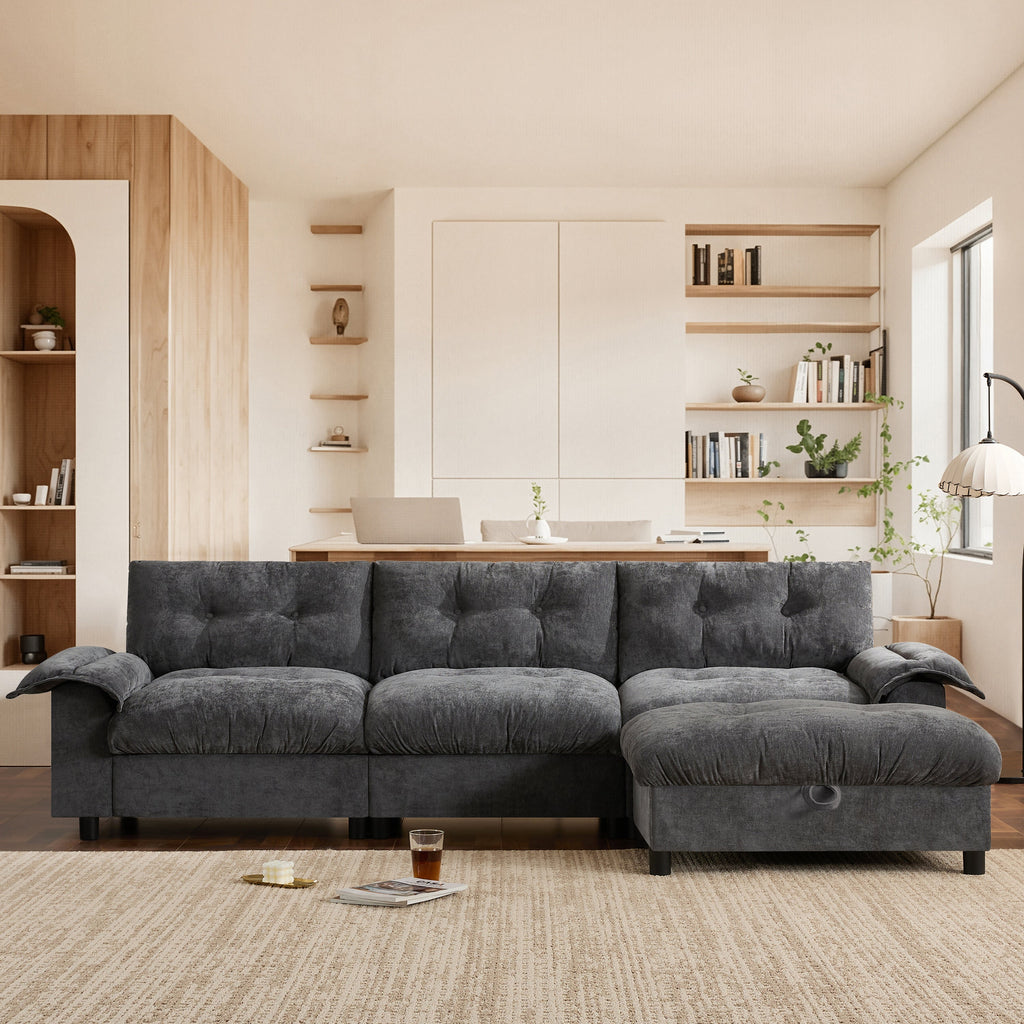 [VIDEO]104*60' Sectional Sofa, L-Shape with Multifunctional Armrest, Dual-Port Charging, Cup Holder, Side Storage Pockets, Movable Storage Ottoman, Unique Tufted Design, Soft Cushion, Chenille,3colors