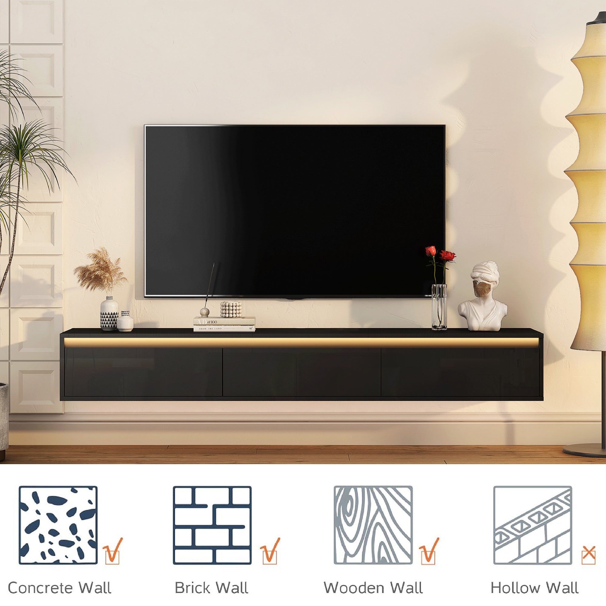 Floating TV Stand, Wall Mounted TV Shelf with Led Lights & Power Outlet,High Gloss TV Cabinet for Black tv Stands for Living Room