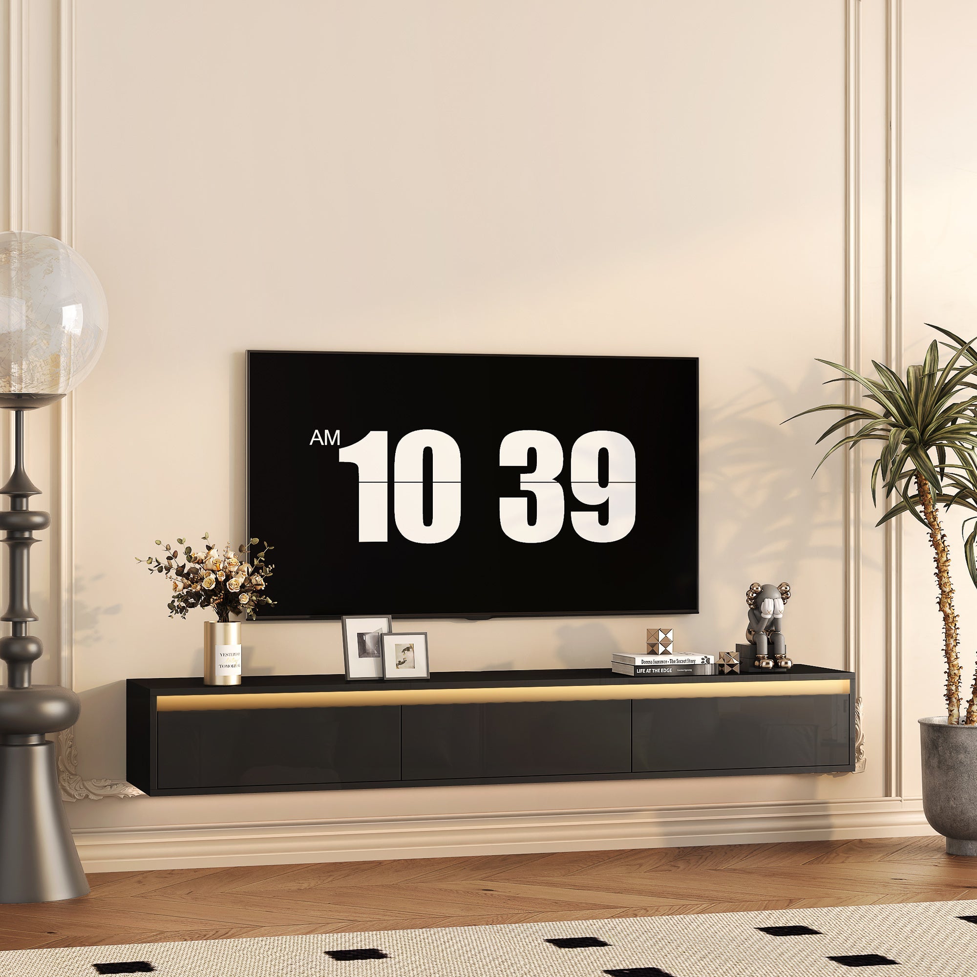 Floating TV Stand, Wall Mounted TV Shelf with Led Lights & Power Outlet,High Gloss TV Cabinet for Black tv Stands for Living Room
