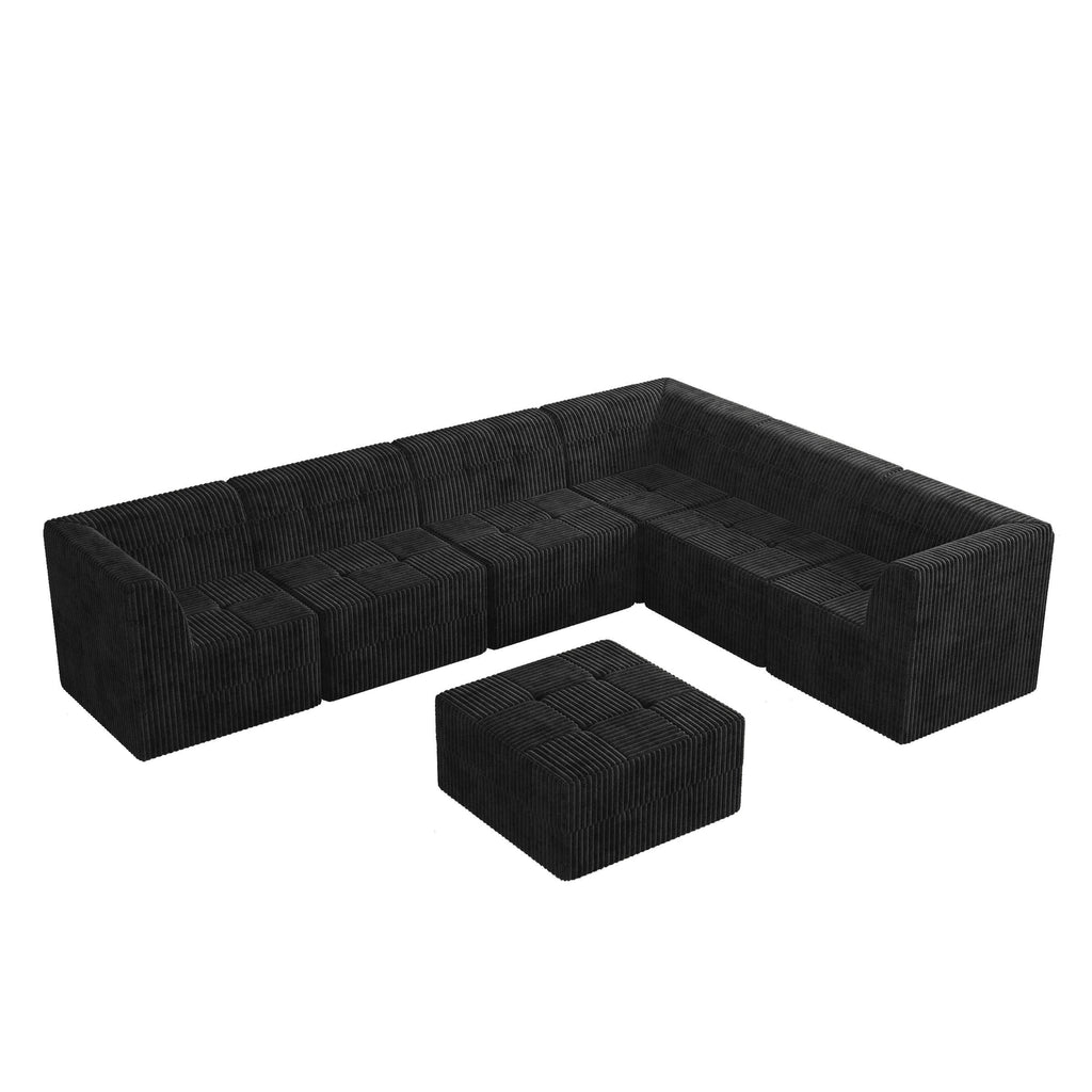 L shape Modular Sectional Sofa,DIY Compressed Sectional Sofa Modern Minimalist Style Corduroy Couch, Sleeper Sofa for Living Room, Bedroom, Comfy Compressed Sofa Couch Space-Efficient Design-black
