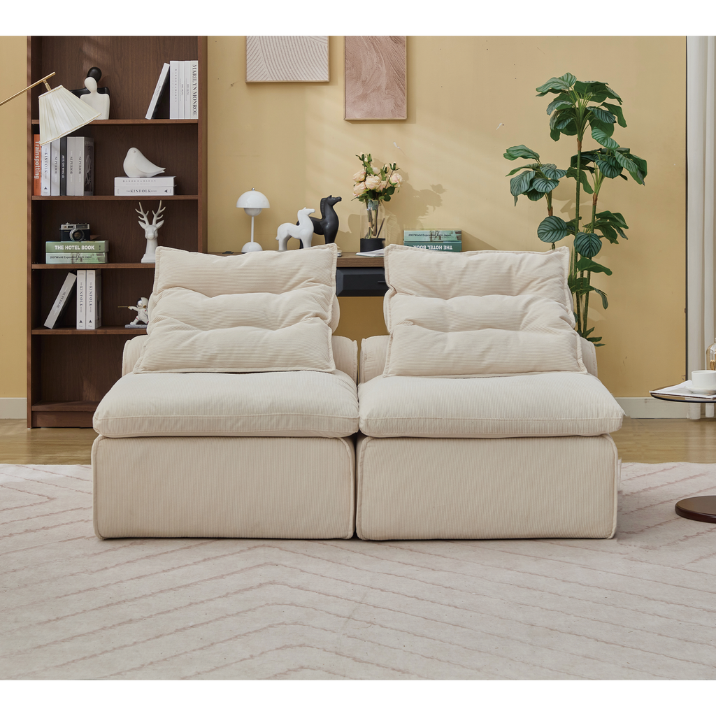 [NEW ARRIVED] [VIDEO PROVIDED]Modular Sofa,No Armrests,At will DIY,Soft Corduroy Fabric,Neck Pillow-Back Lounge Sofa Chair,Reading Nook, or Apartment Living, Lumbar Pillow,2 Seats,Upholstered,Beige