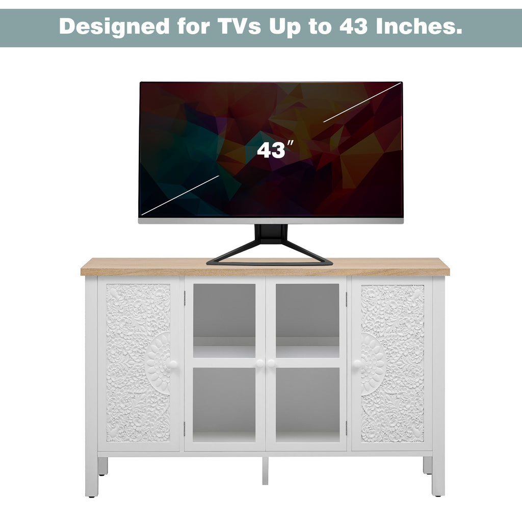 U-Can 47.2'' Retro TV Stand for TVs up to 43 Inches, Entertainment Center Media Console Cabinet with 3 Spacious Cabinets, Glass Cabinet Doors and Anti-tip Device for Living room