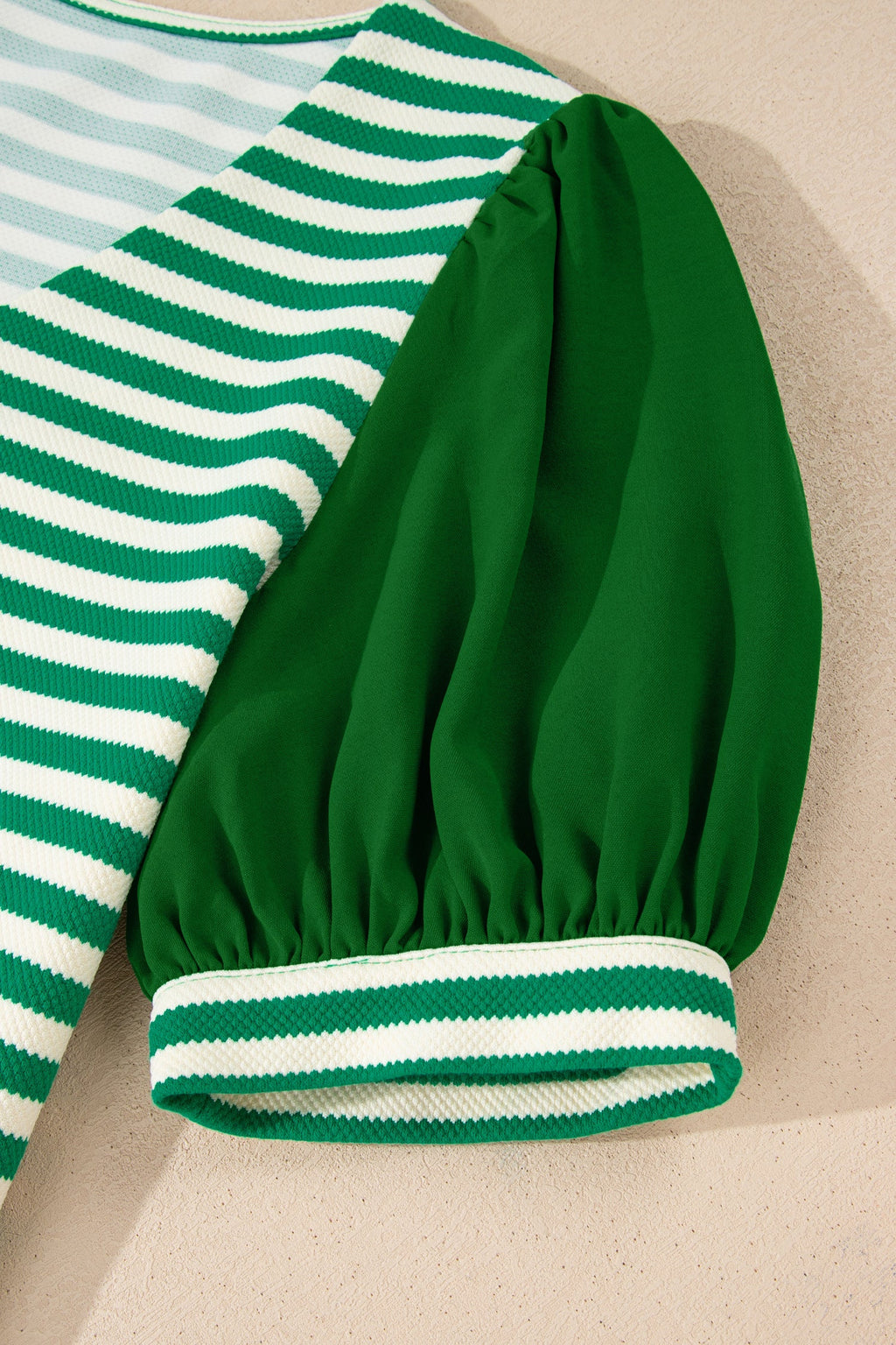 Stripe Patchwork Puff Short Sleeve V-Neck Blouse