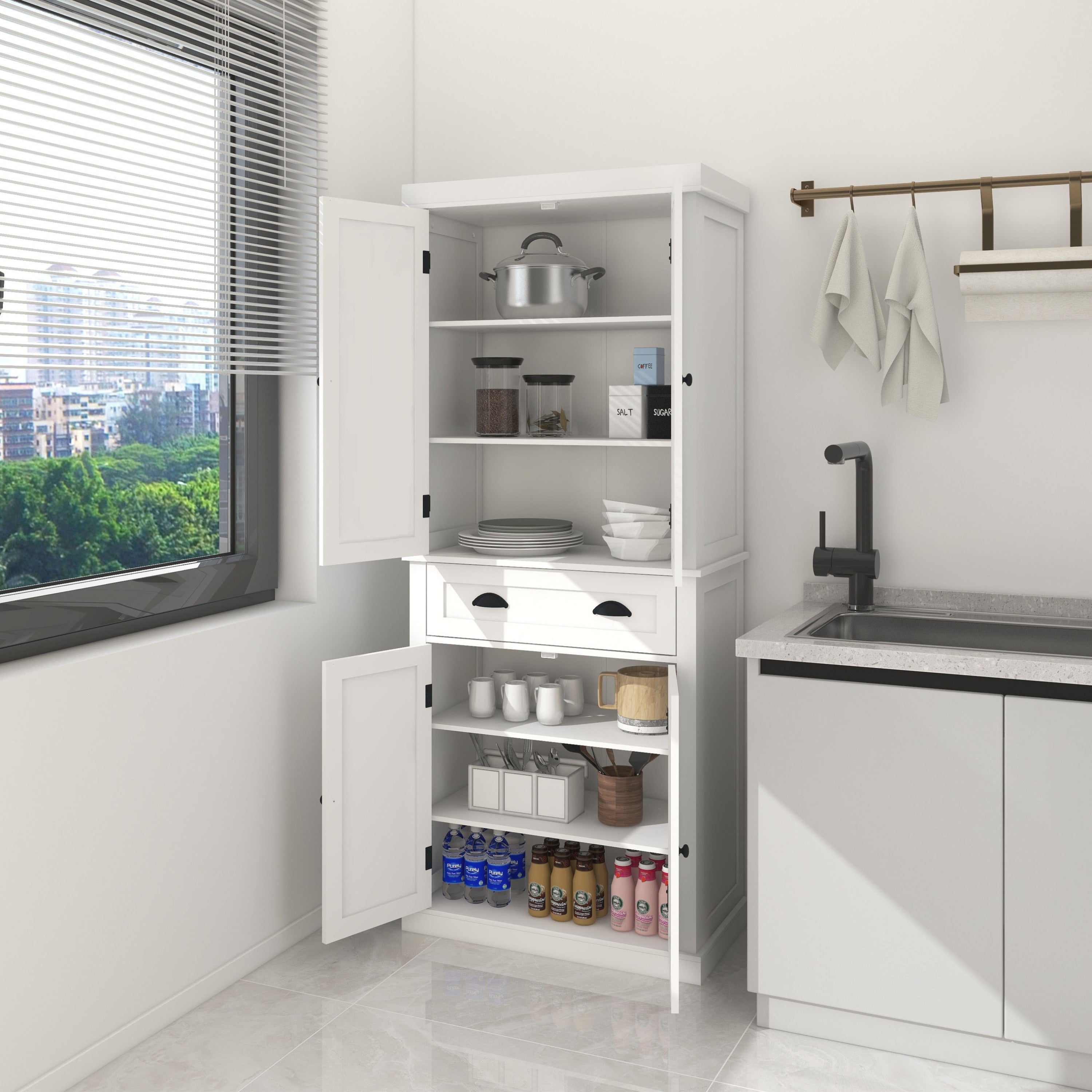 71' Kitchen Pantry Storage Cabinet , with 4 Doors, Drawer, 2 Adjustable Shelves, Freestanding Cupboard for Dining Room Living Room, Laundry-White