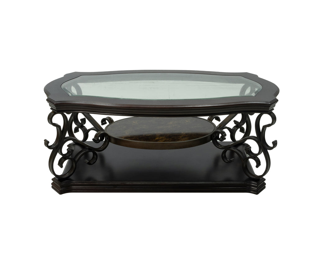 Cocktail Table, Glass table top, MDF W/marble paper middle shelf, powder coat finish metal legs. (52'Lx32'Wx20.3'H)