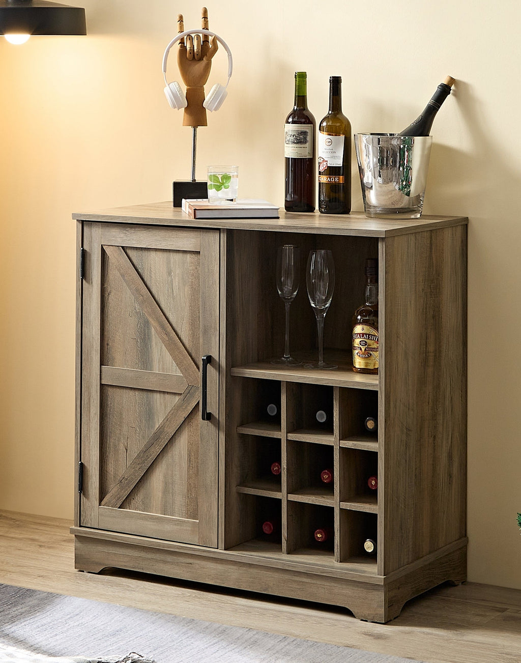 Wine Bar Cabinet for Liquor and Glasses, Farmhouse Coffee Bar, Cabinet with Wine Rack Barn Door Buffet Sideboard Cabinet with Drawer, Adjustable Storage Shelves, 31.5'*15.75'*31.5'Gray Wash