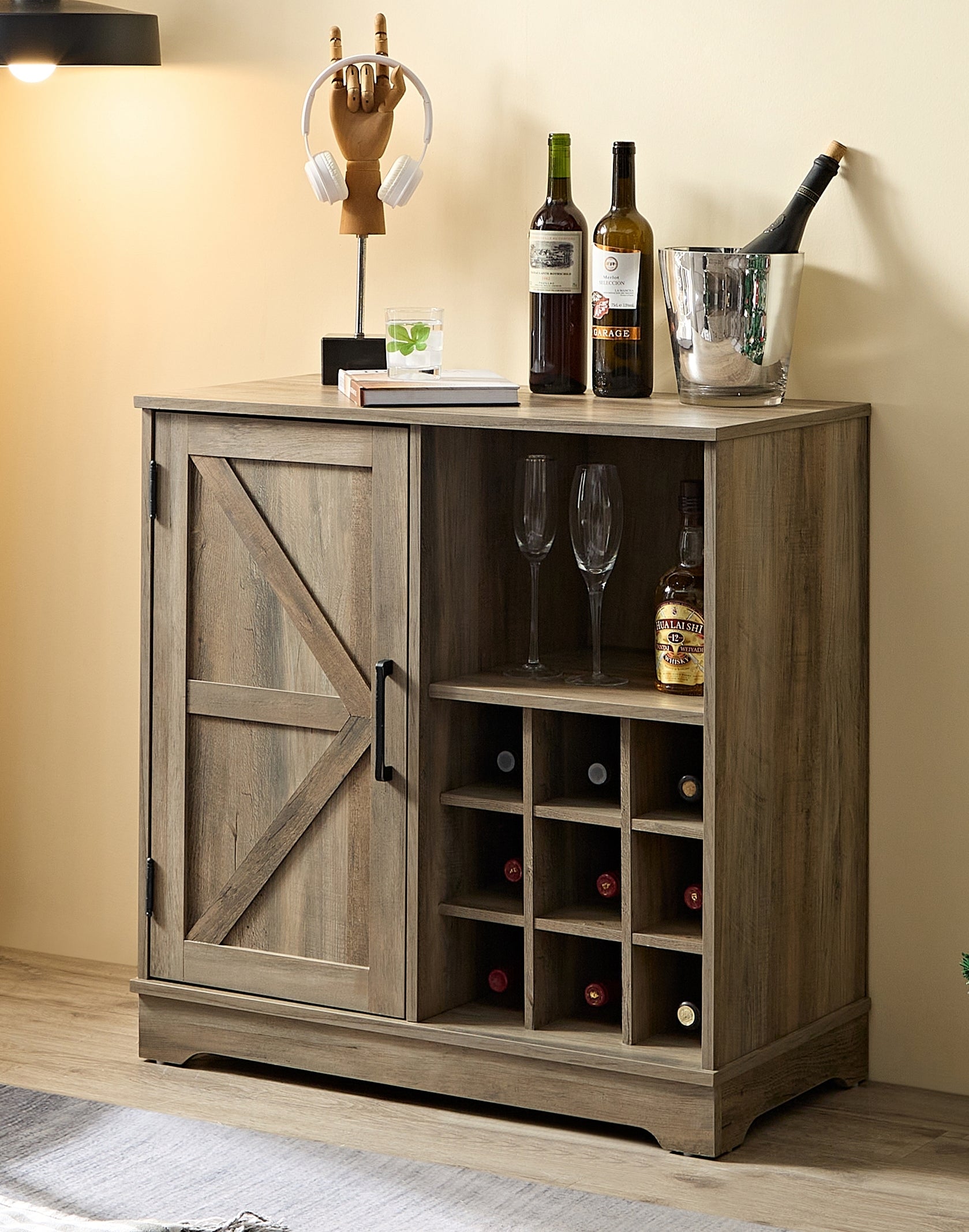 Wine Bar Cabinet for Liquor and Glasses, Farmhouse Coffee Bar, Cabinet with Wine Rack Barn Door Buffet Sideboard Cabinet with Drawer, Adjustable Storage Shelves, 31.5'*15.75'*31.5'Gray Wash