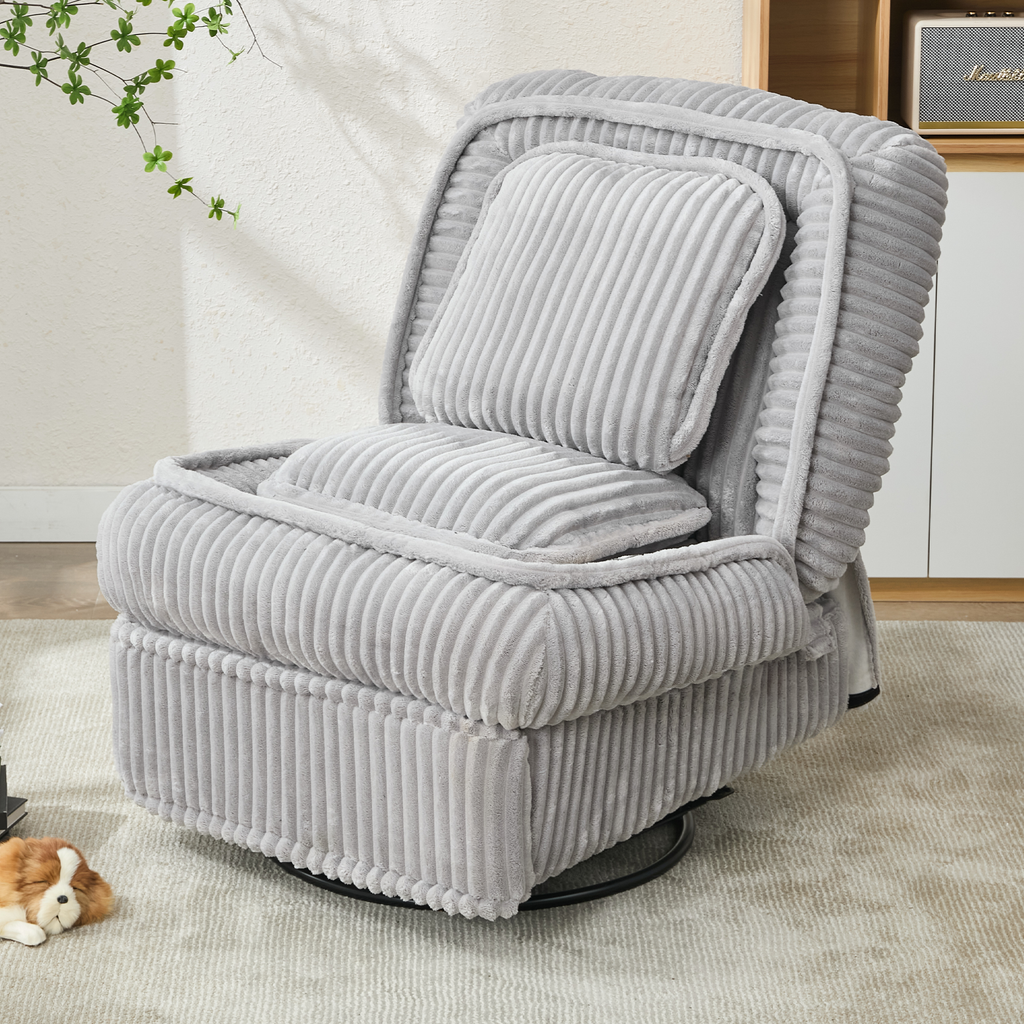 [NEW ARRIVED] 360° Swivel Rocking Single Sofa,Recliner Sofa, Manual Glider Rocking Armless Chair,Living Room Office, With Adjustable Backrest and Footrest and pillows, Small Spaces,Corduroy , Gray