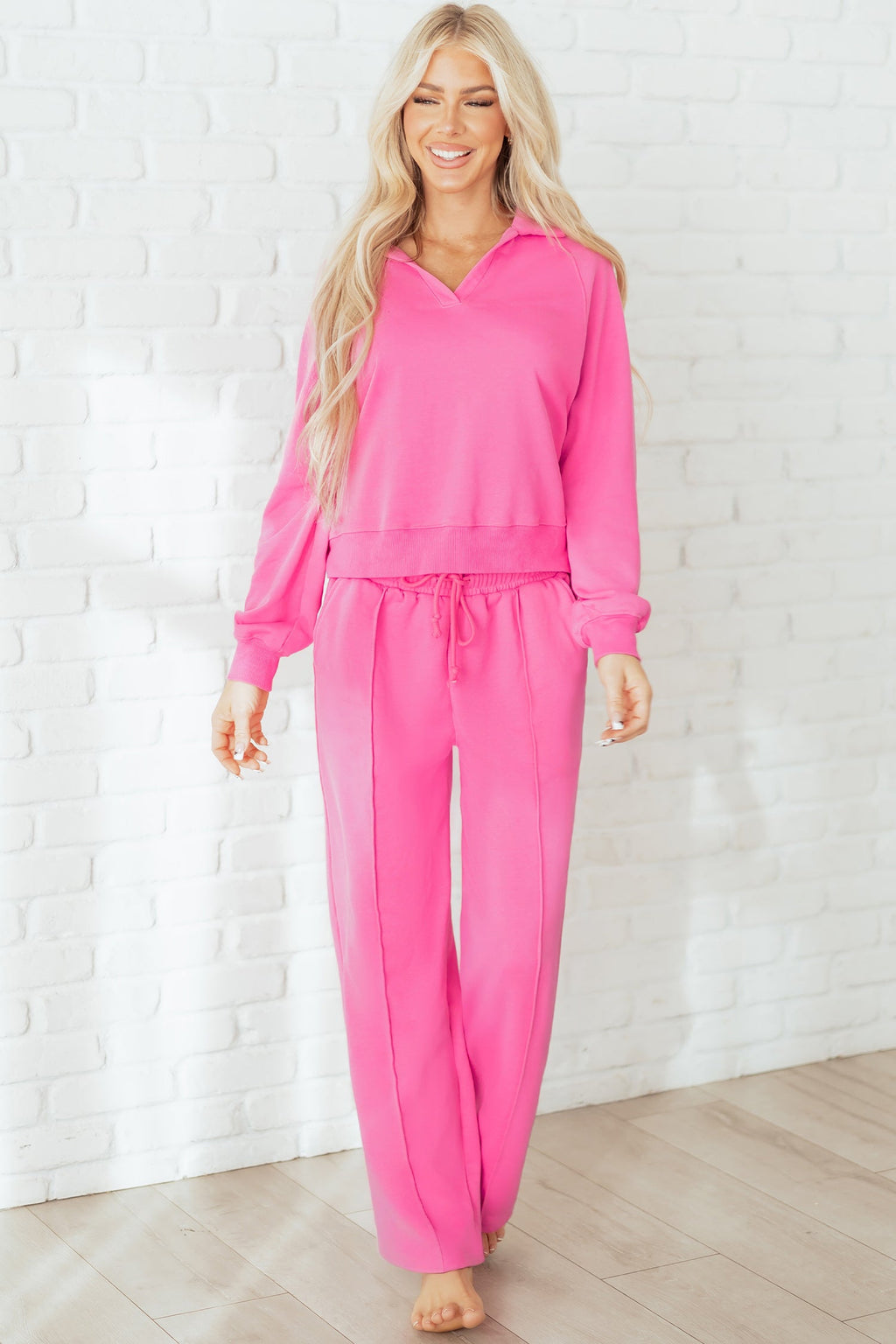 Solid Collared Top and Central Seam Pants Set