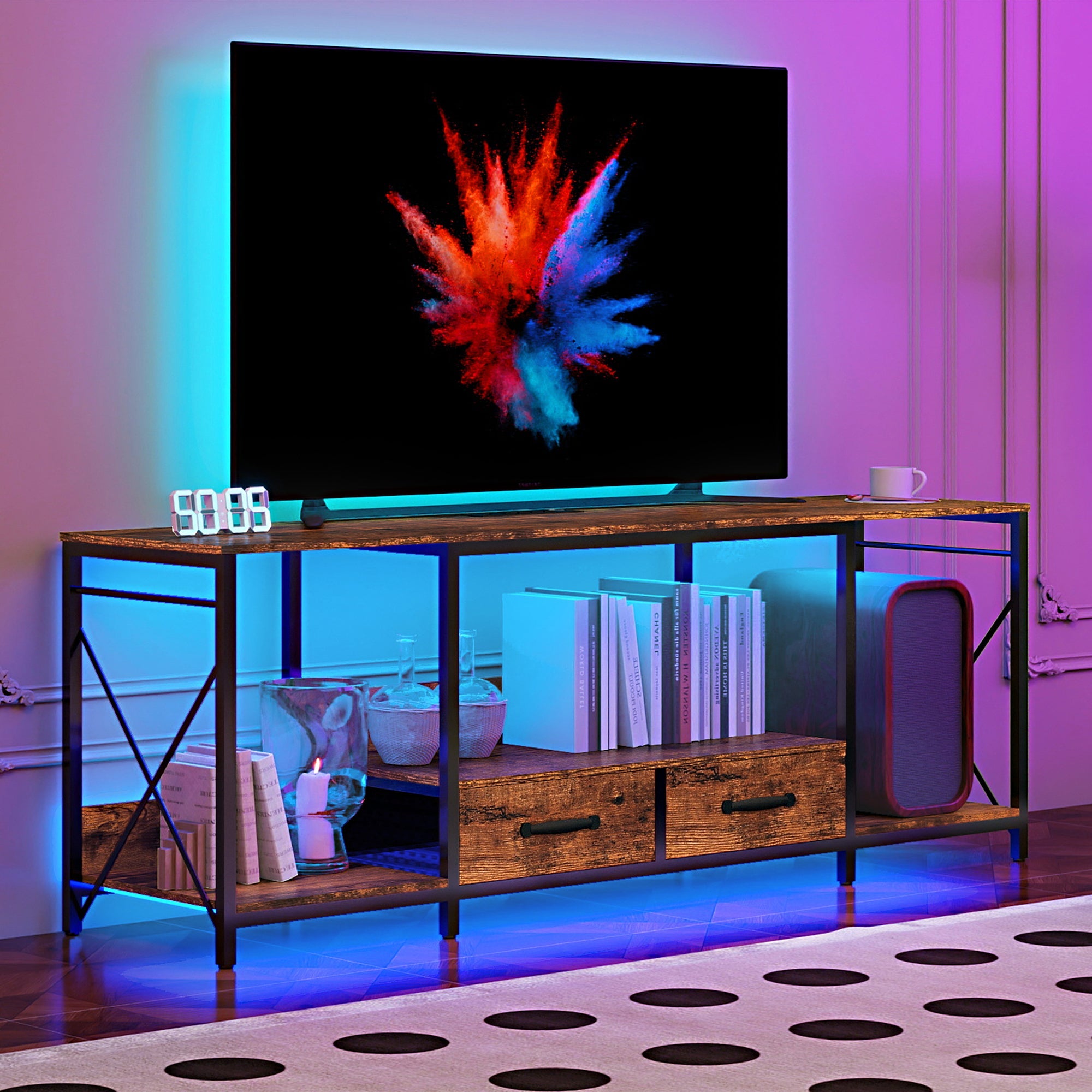 There are installation videos + scene videos .TV Stand with LED Lights Power Outlets  -  TV Stand with Fabric Drawers for 65 70 75 Inches TV -Can also be used in multiple scenes, living room, bedroom,