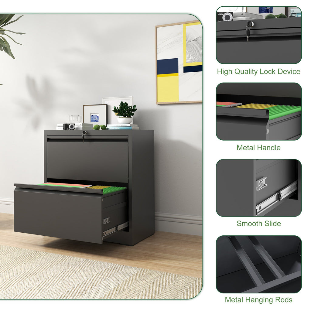 Premium 2 Drawer Metal Lateral File Cabinet with Lock, Black Steel Wide Horizontal Filing Cabinets for Home Office