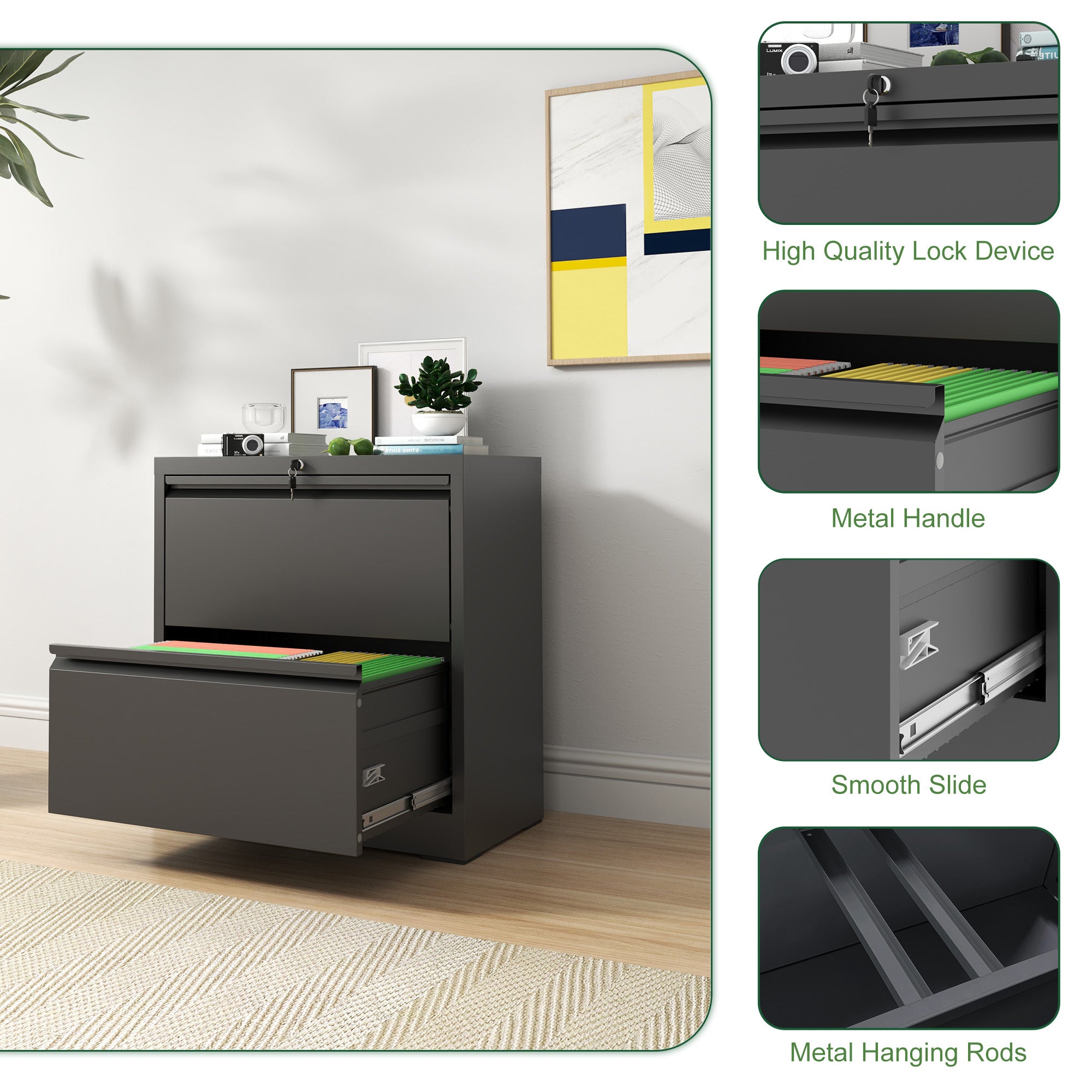Premium 2 Drawer Metal Lateral File Cabinet with Lock, Black Steel Wide Horizontal Filing Cabinets for Home Office