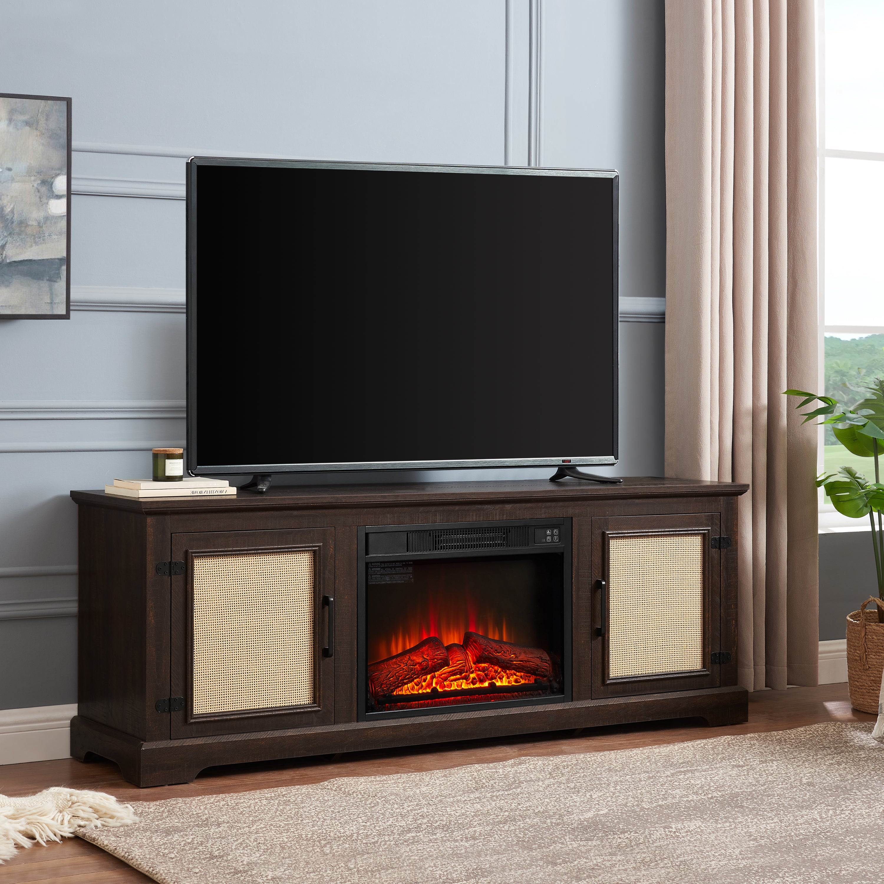 Natural Rattan Door Cabinet with Adjustable Shelf Wood, Farmhouse Rattan TV Stand Console Table for TVs up to 70 Inches, Storage tv stand with 23' fireplace insert, 65'W*15.55'D*23.86'H, Espresso