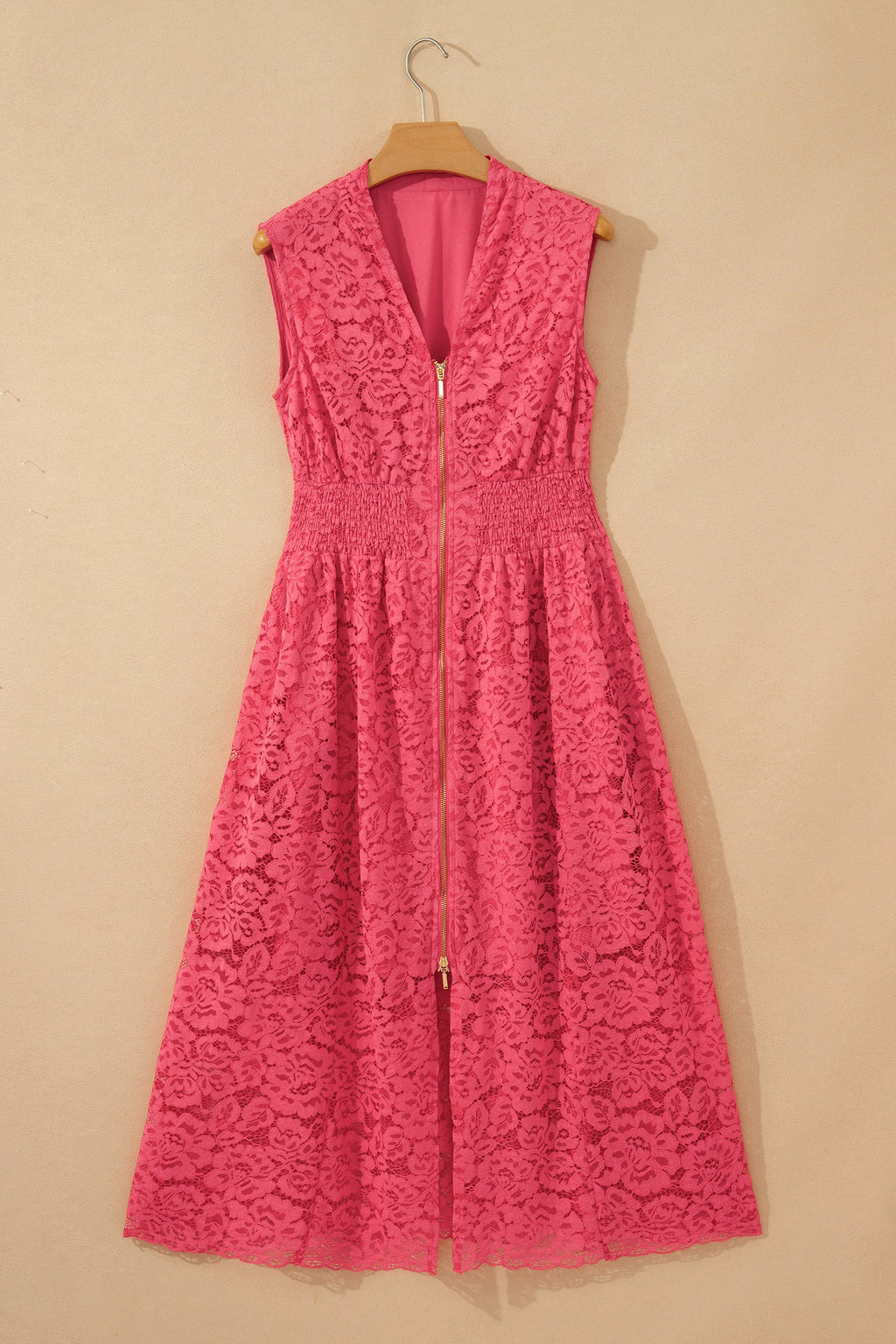 Floral Lace Zip Up V-Neck Smocked Waist Sleeveless Dress