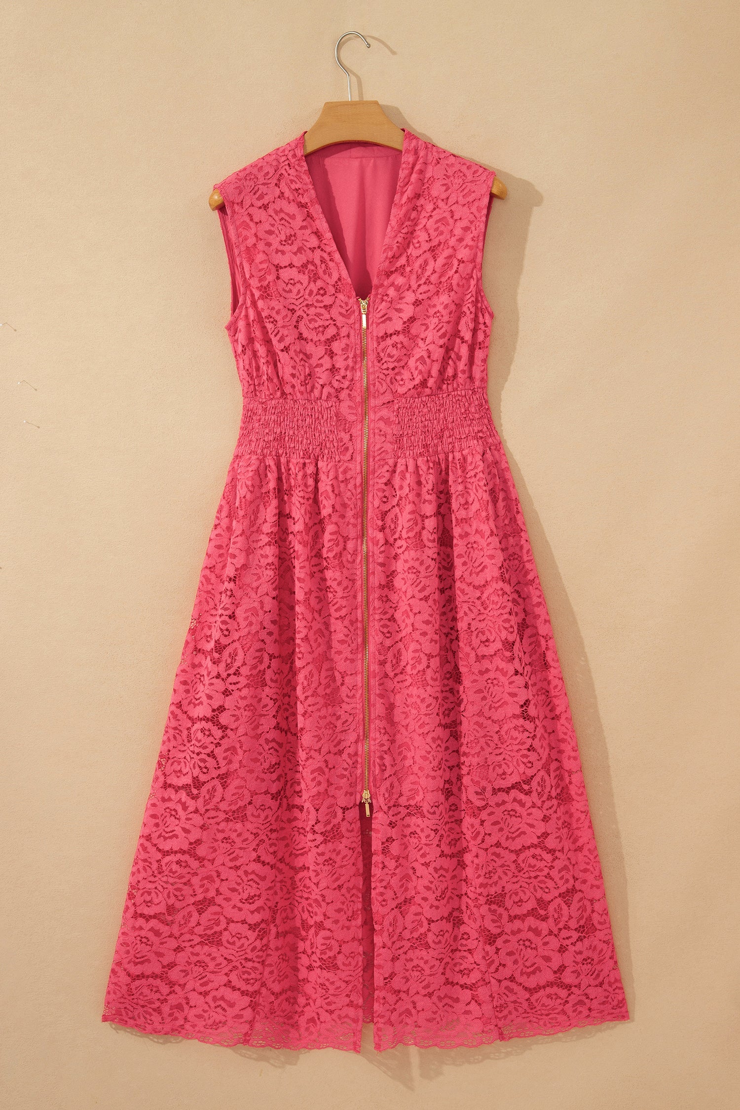 Floral Lace Zip Up V-Neck Smocked Waist Sleeveless Dress