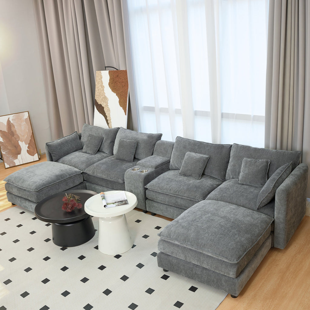 U Shaped Sectional Cloud Couch for Living Room,144' Comfy Fluffy Modular Sofa with Movable Ottoman Modern Chenille 6 Seat Sectional Sofa Set with Console, Cup Holders, Grey