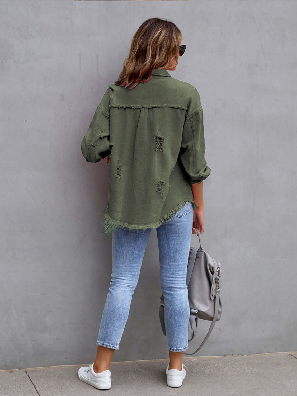 Distressed Drop Shoulder Fringe Denim Jacket Cotton Blend