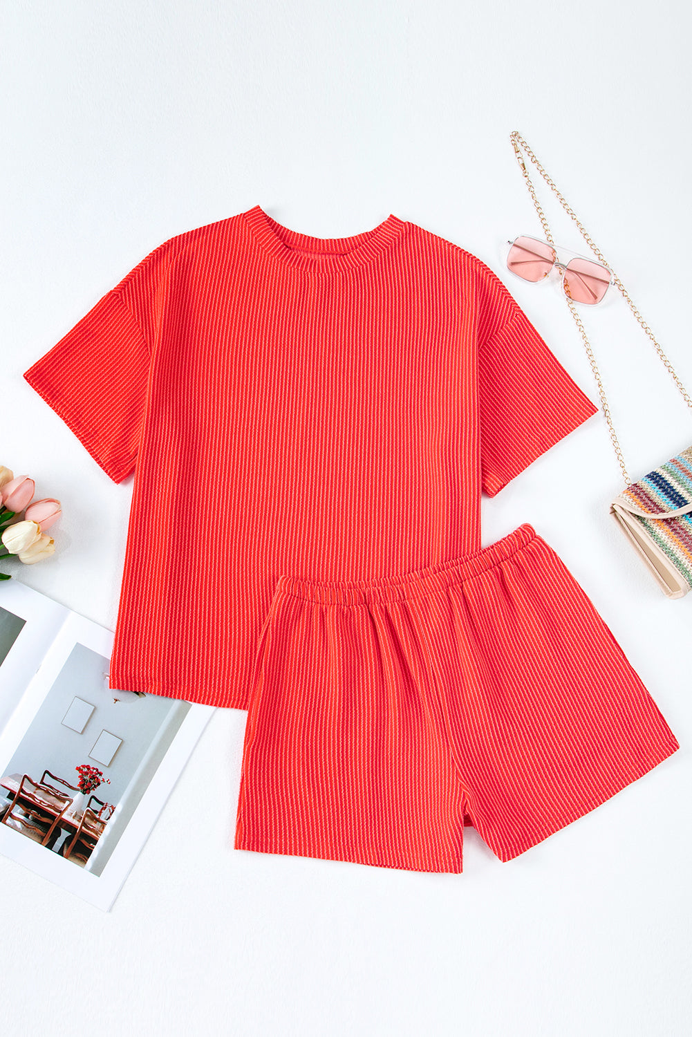 Solid Corded Short Sleeve Tee and Shorts Set