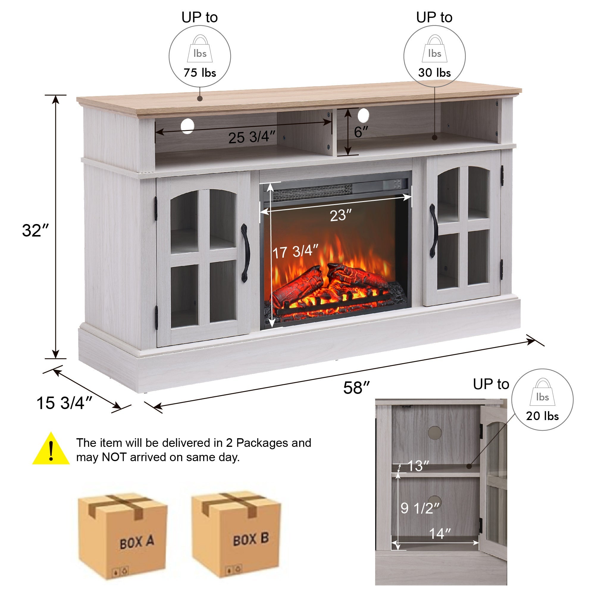 58' Fireplace TV Stand, Entertainment Center with 23' Electric Fireplace, TV Table for TVs up to 70 Inch, Media Console Cabinet with Storage and Glass Doors for Living Room
