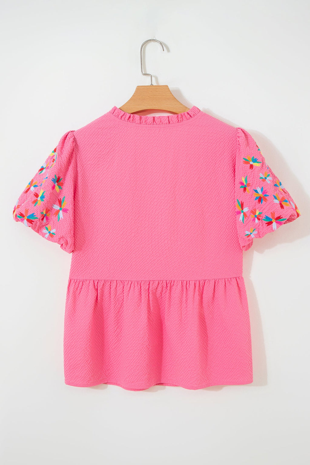 Flower Embroidered Puff Sleeve Frilled V-Neck Blouse