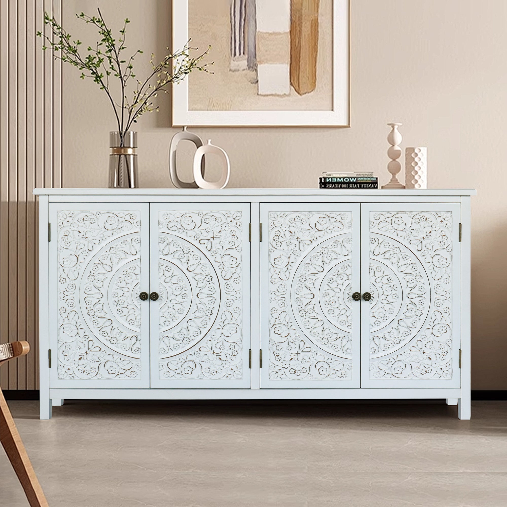 60'White Accent Cabinet with 4 Doors, Rustic Wood Sideboard Pantry Cabinet - Versatile Buffet Cabinet with Storage for Home Decor and Organization chic cabinet