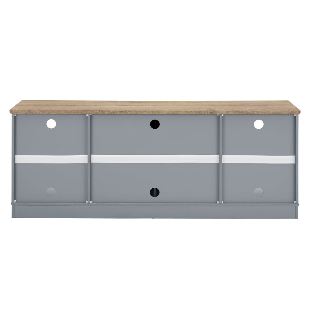 Modern Farmhouse TV Media Stand, Large Home Entertainment Console, for TV Up to 80'', with Open Shelves and Glass Door Cabinets, Light Blue and Light Oak, 70'W*15.55'D*26.85'H