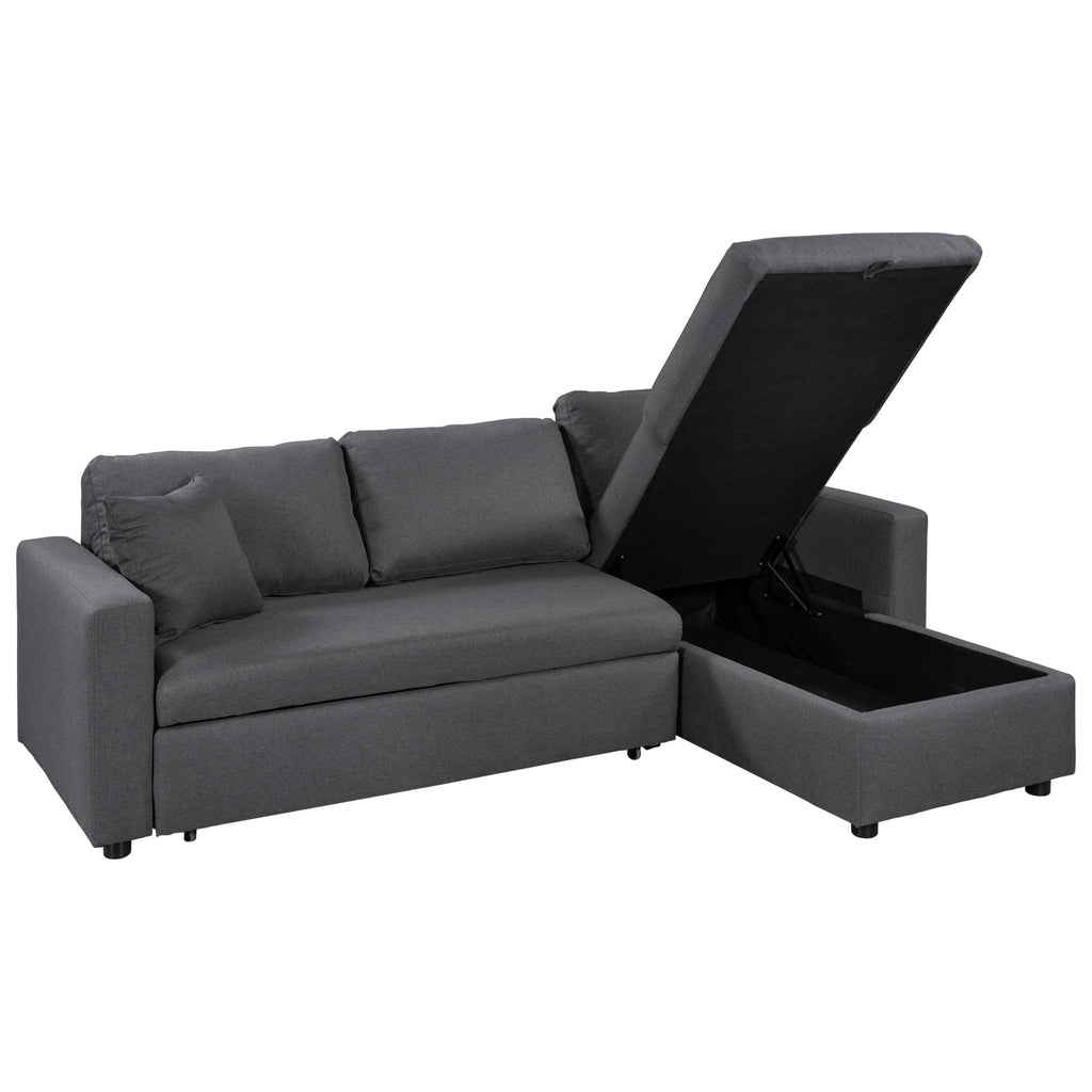 U_STYLE 87.44' Upholstery Sleeper Sectional Sofa Grey with Storage Space, 2 Tossing Cushions