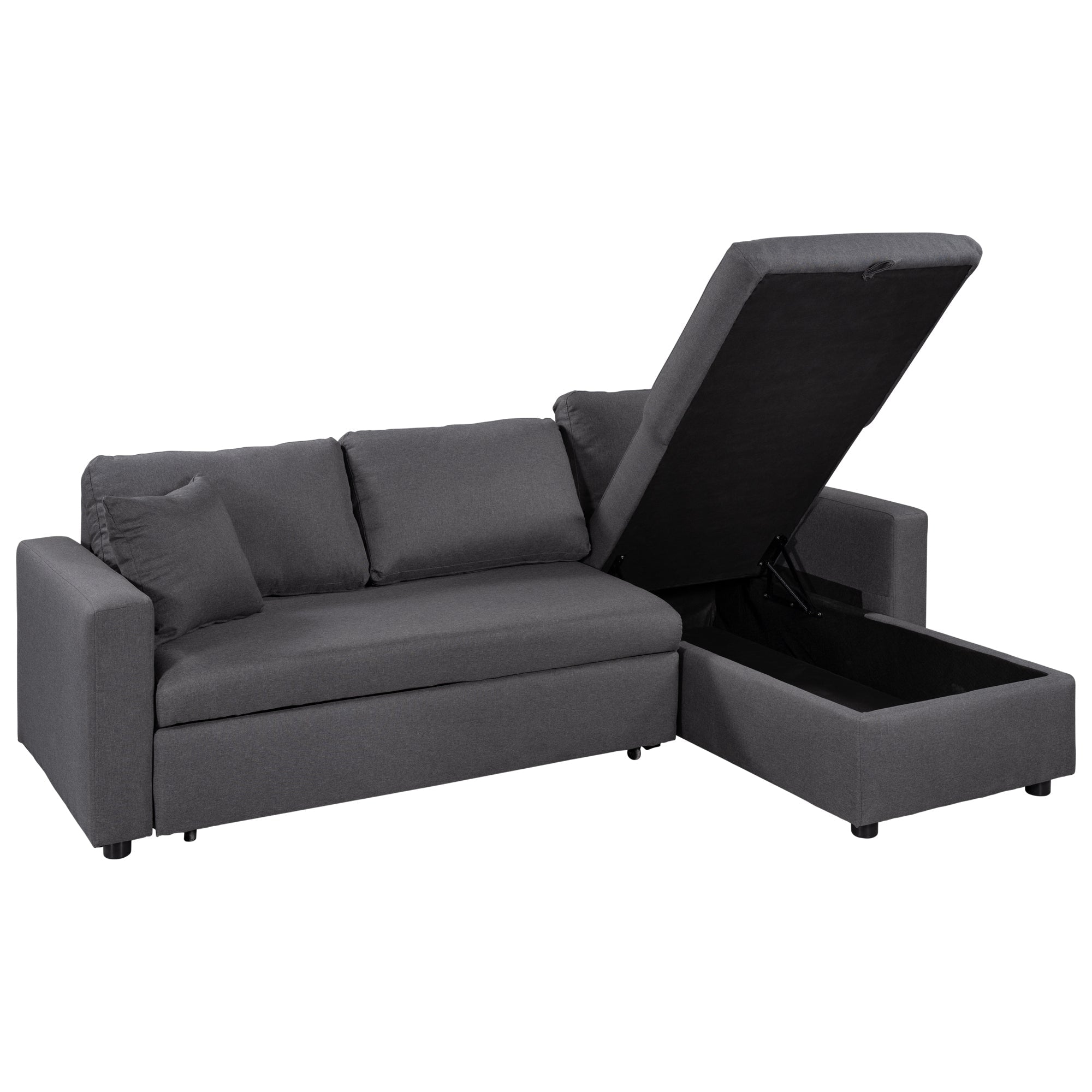 U_STYLE 87.44' Upholstery Sleeper Sectional Sofa Grey with Storage Space, 2 Tossing Cushions