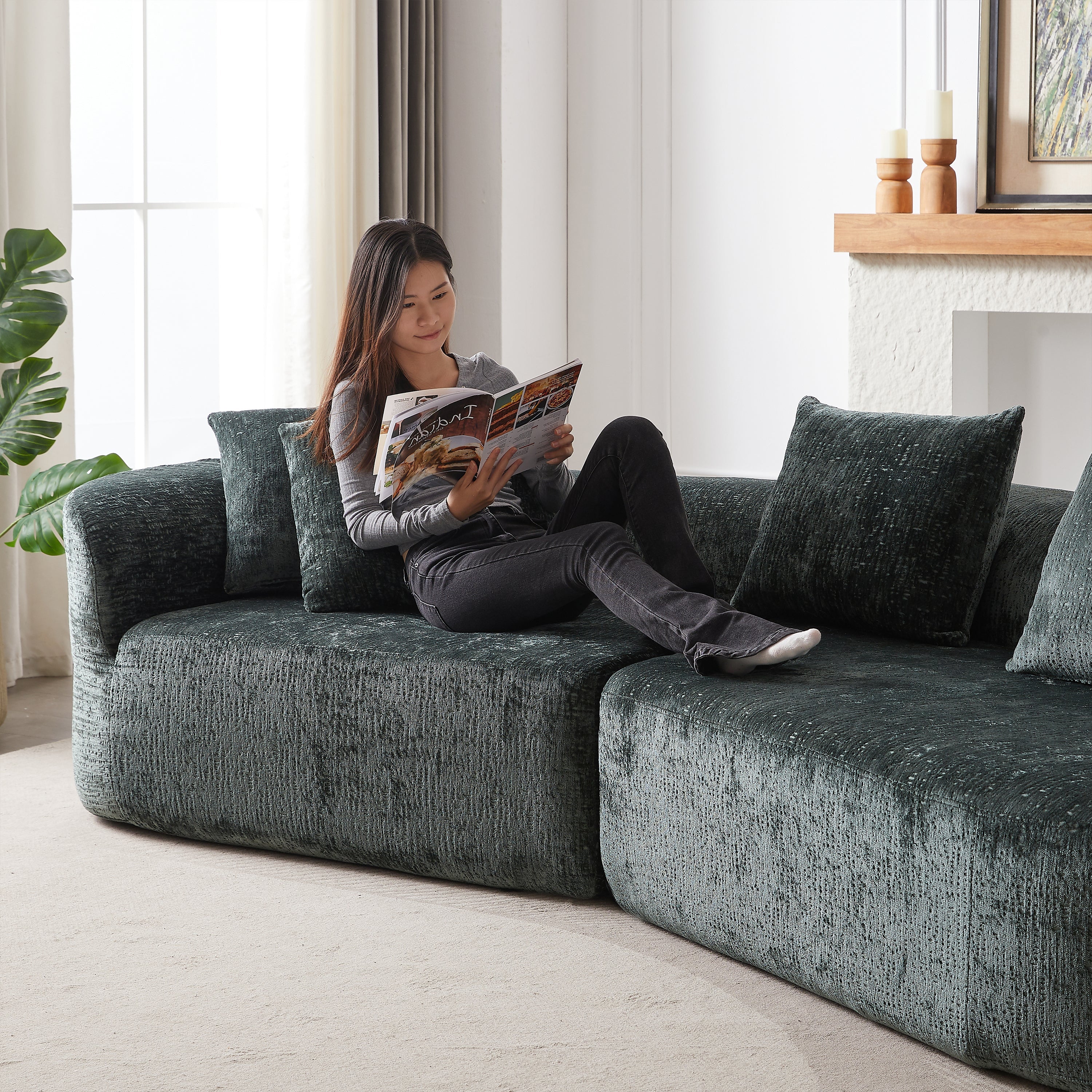 Modern Upholstered Oversized Sectional Sofa, 114-Inch Chenille 4-Seater Extra Deep & Wide Seat Curved Cloud Couch with 4 Throw Pillows, Free Combination Sofa Couch for Living Room,Bedroom