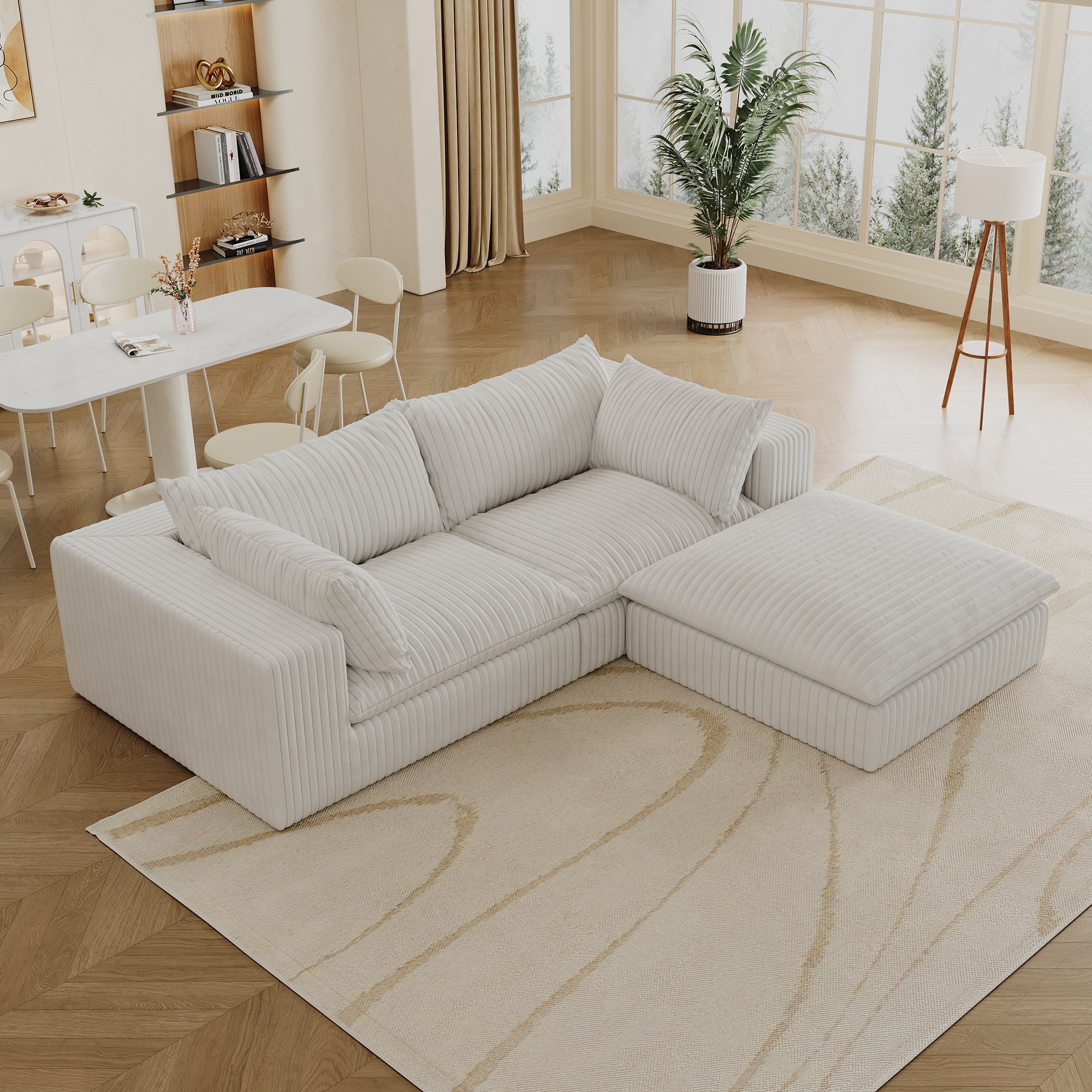 39.8' Cloud Sofa,Corduroy Fabric,Deep Seat Couches,Double-layer design,Removable  Cushion,No Assembly, DIY Combination for Living room, Bedroom,Conference room ,Apartment,White