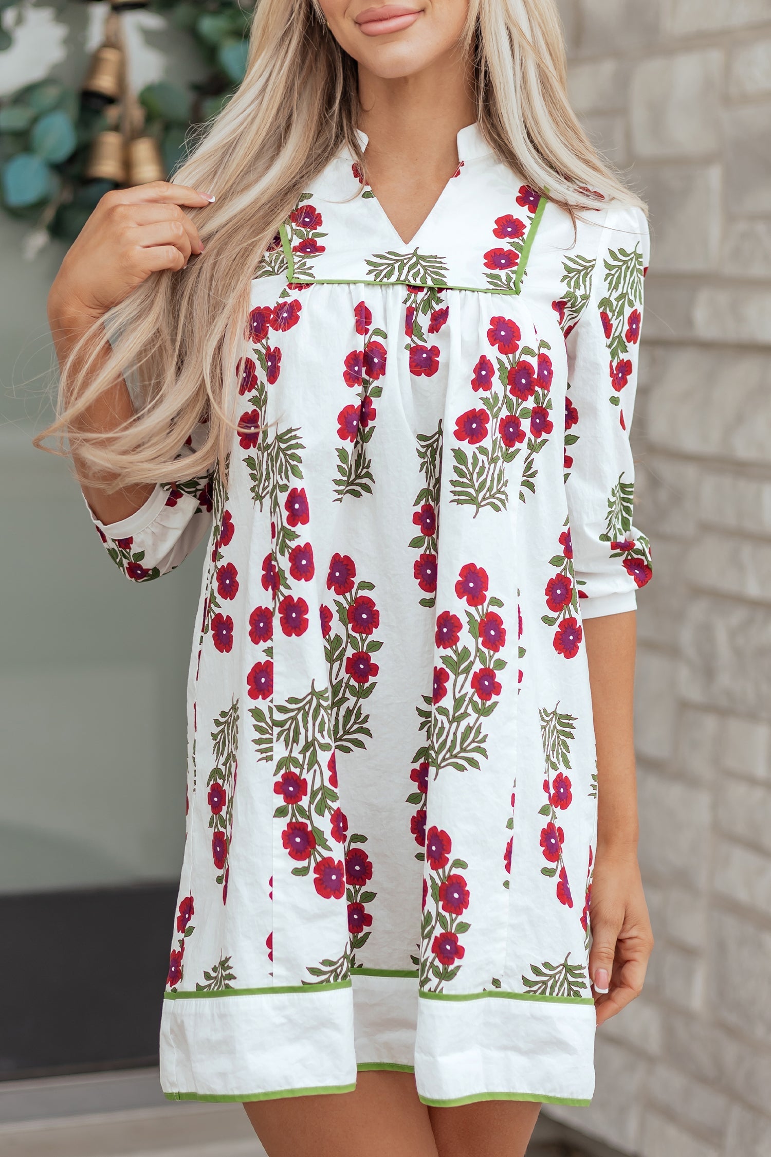 Floral Notched V-Neck 3/4 Sleeve Dress