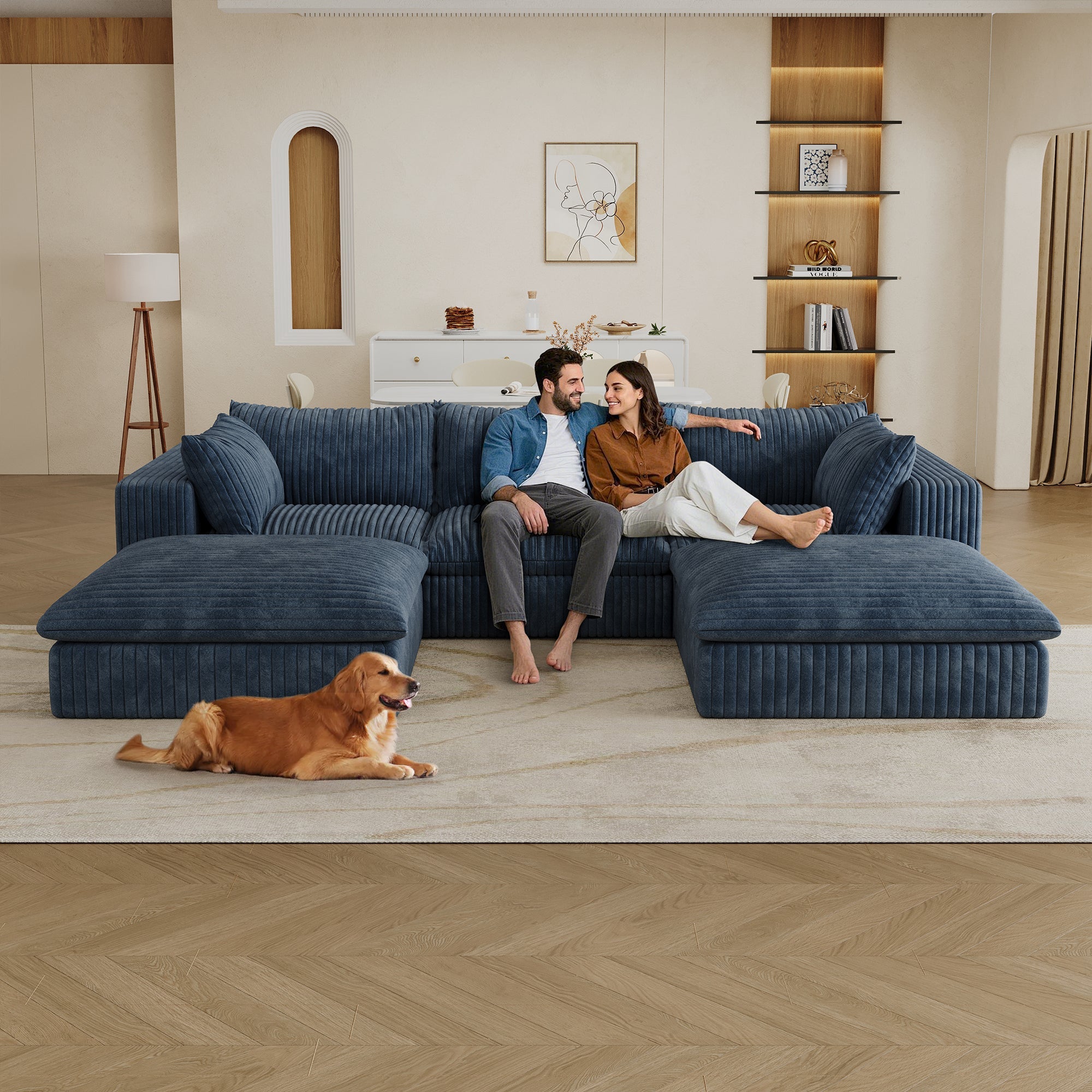 118.2' Cloud Sofa,Corduroy Fabric,Deep Seat Couches,Double-layer design,Removable Cushion,No Assembly, DIY Combination for Living room, Bedroom,Conference room ,Apartment,Blue