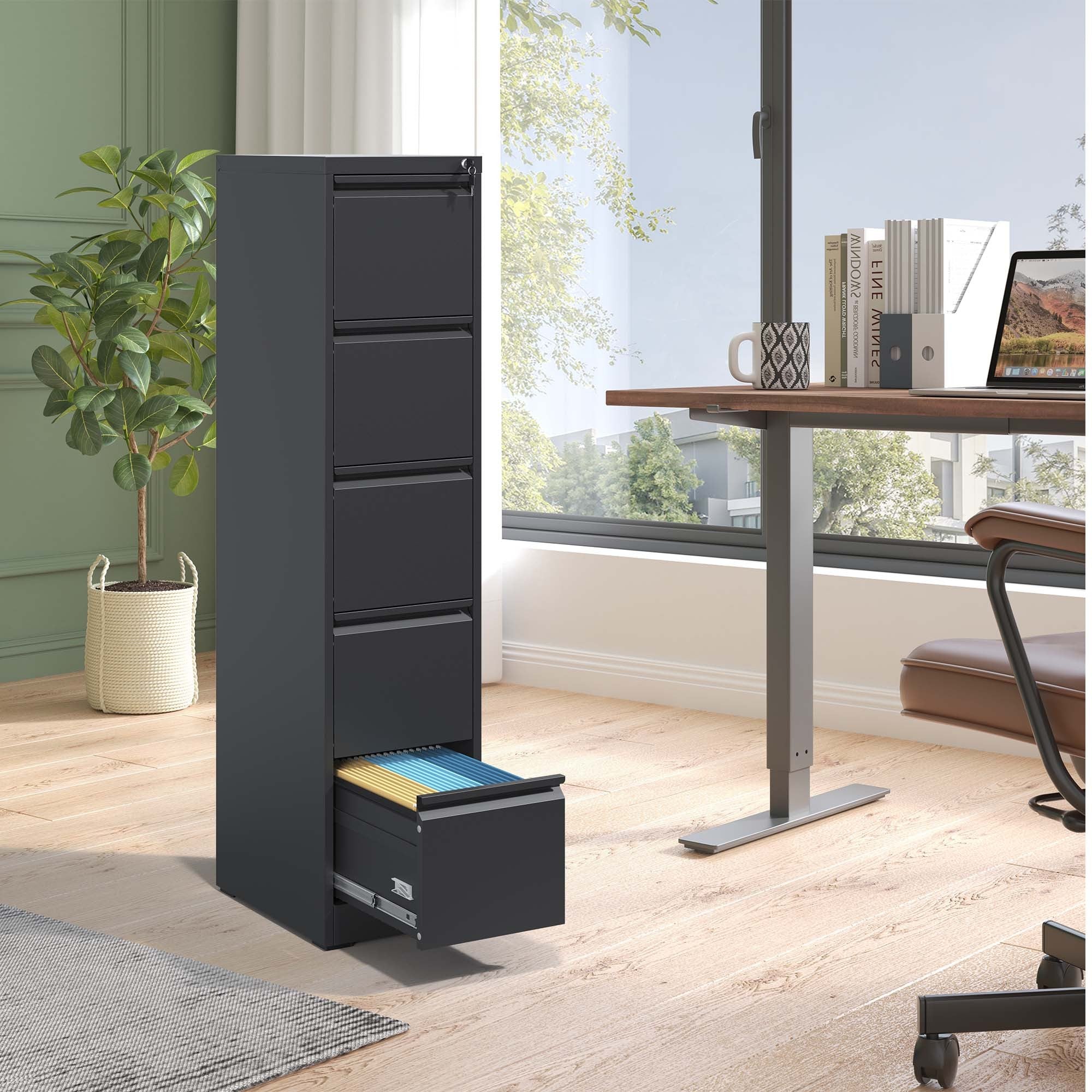 SteelCraft Pro 5 Drawer Metal Vertical File Cabinet with Lock, Black, Steel, 64.17 inches