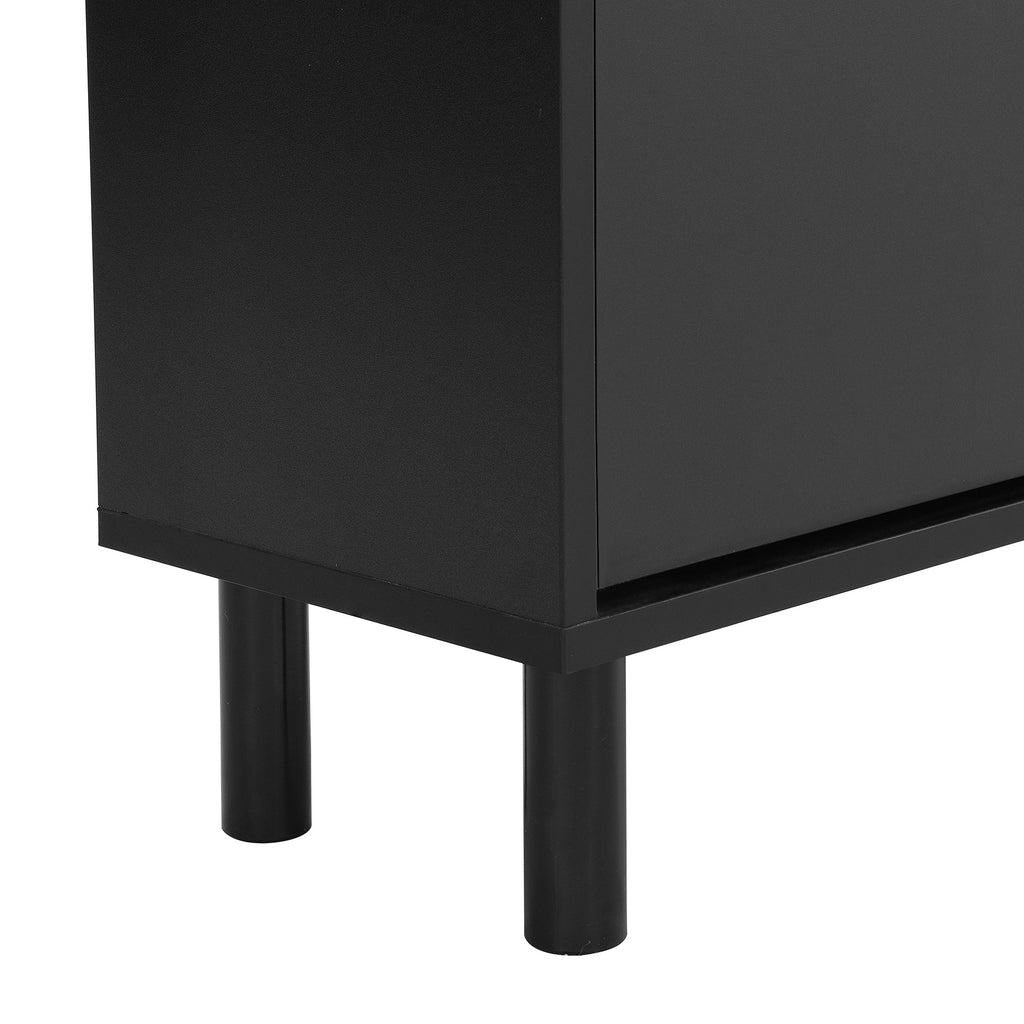 ON-TREND Narrow Design Tipping Bucket Shoe Cabinet with 3 Flip Drawers, Wood Grain Pattern Top Entryway Organizer with 3 Hooks, Free Standing Shoe Rack with Adjustable Panel for Hallway, Black