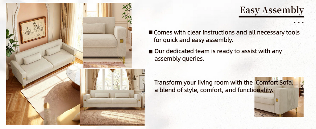 FX-P18-BE(SOFA)Modern Beige Sofa Couch for Living Room, 85.83' Upholstered 3-Seater Sofa with Metal Legs & Pillows, Minimalist Style