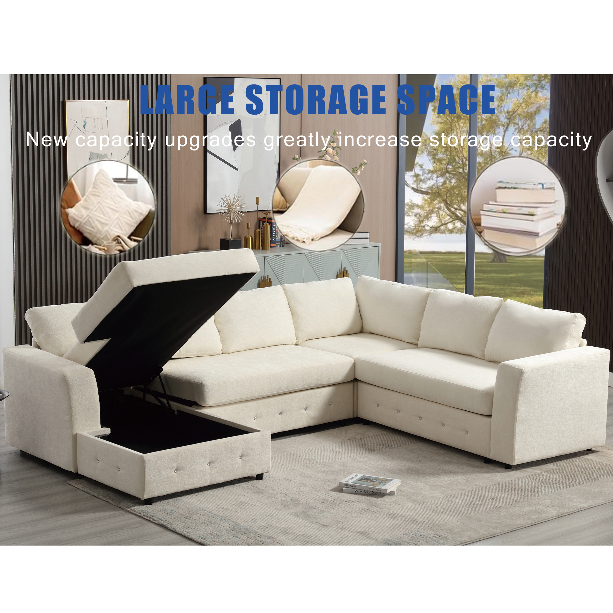 [NEW ARRIVED] [VIDEO PROVIDED]110.75' Sectional Sofa,Oversized modular sofa,Chaise Storage, Modern U Shaped  Couch , Upholstered Sofas,Chenille,Crystal button , Living Room, Apartment,  Beige