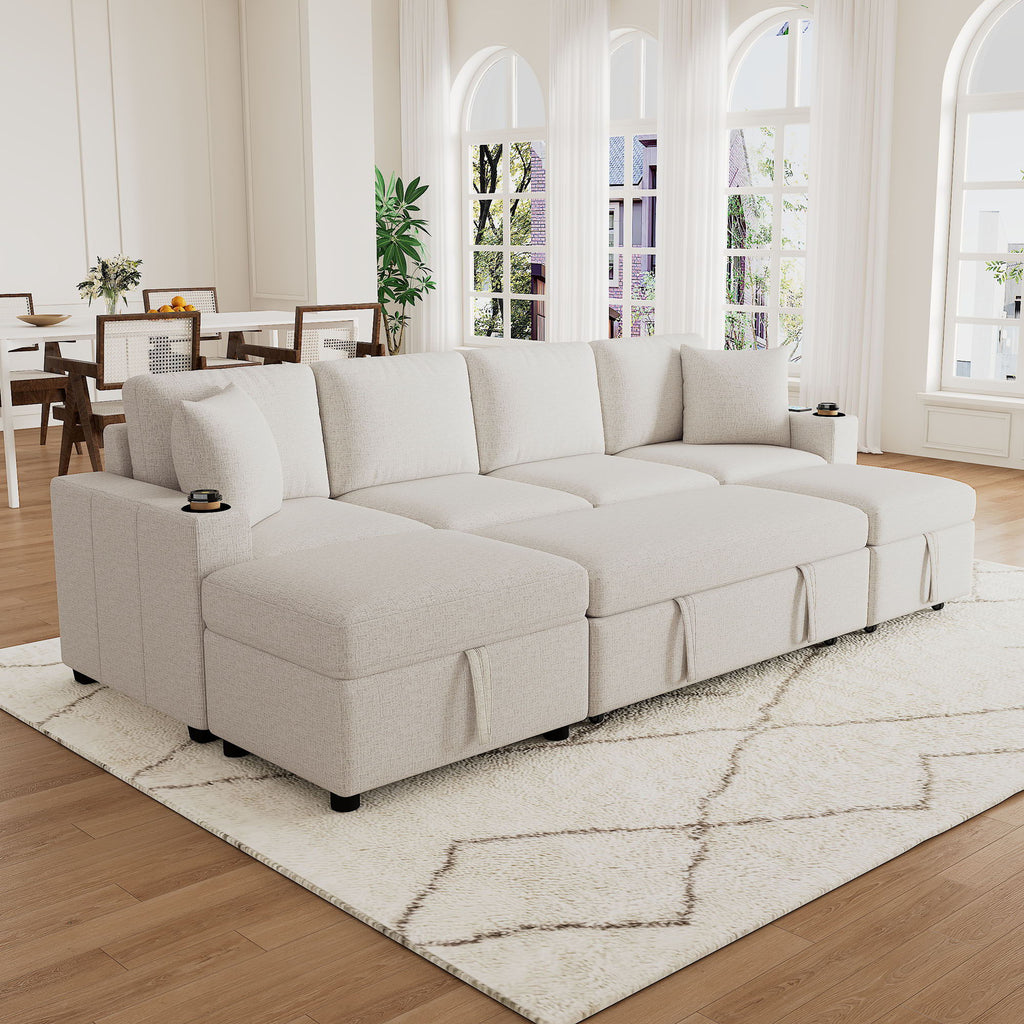 Sectional Sofa Convertible Pull-Out Bed With Storage Ottoman & USB Ports