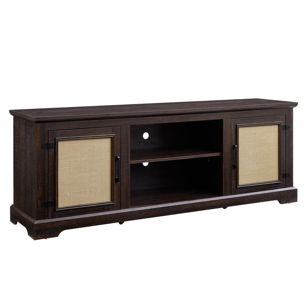 Farmhouse Rattan TV Stand Console Table for TVs up to 70 Inches, TV Console Table with 2 Storage Shelves, 2 Natural Rattan Door Cabinets, 65'W*15.55'D*23.86'H, Espresso