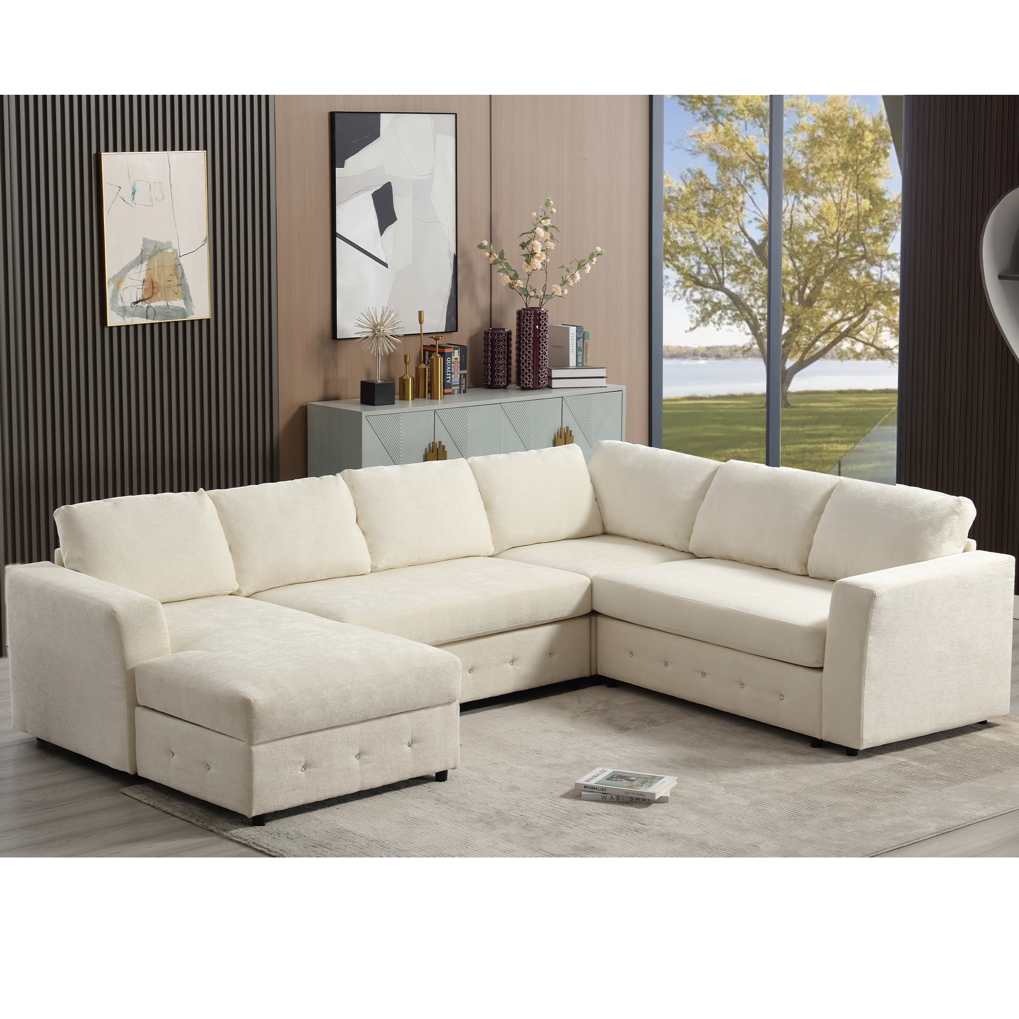 [NEW ARRIVED] [VIDEO PROVIDED]110.75' Sectional Sofa,Oversized modular sofa,Chaise Storage, Modern U Shaped  Couch , Upholstered Sofas,Chenille,Crystal button , Living Room, Apartment,  Beige