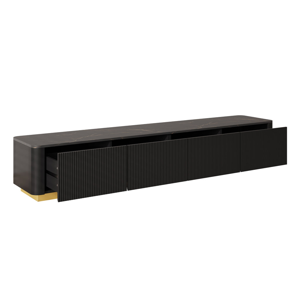 ON-TREND Luxury Fluted TV Stand for TVs Up to 85', Faux Marble Tabletop Media Console with 4 Drawers, Curved Profile Design, Modern Entertainment Center with Gold Base for Living Room, Black