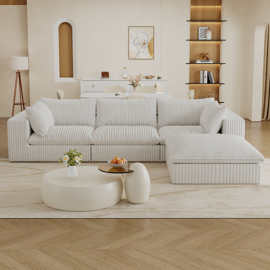 118.2' Cloud Sofa,Corduroy Fabric,Deep Seat Couches,Double-layer design,Removable Cushion,No Assembly, DIY Combination for Living room, Bedroom,Conference room ,Apartment,White