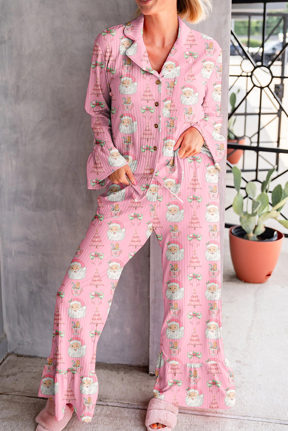 Pink Christmas Print Ruffle Ribbed Pajama Set With Shirt And Pants