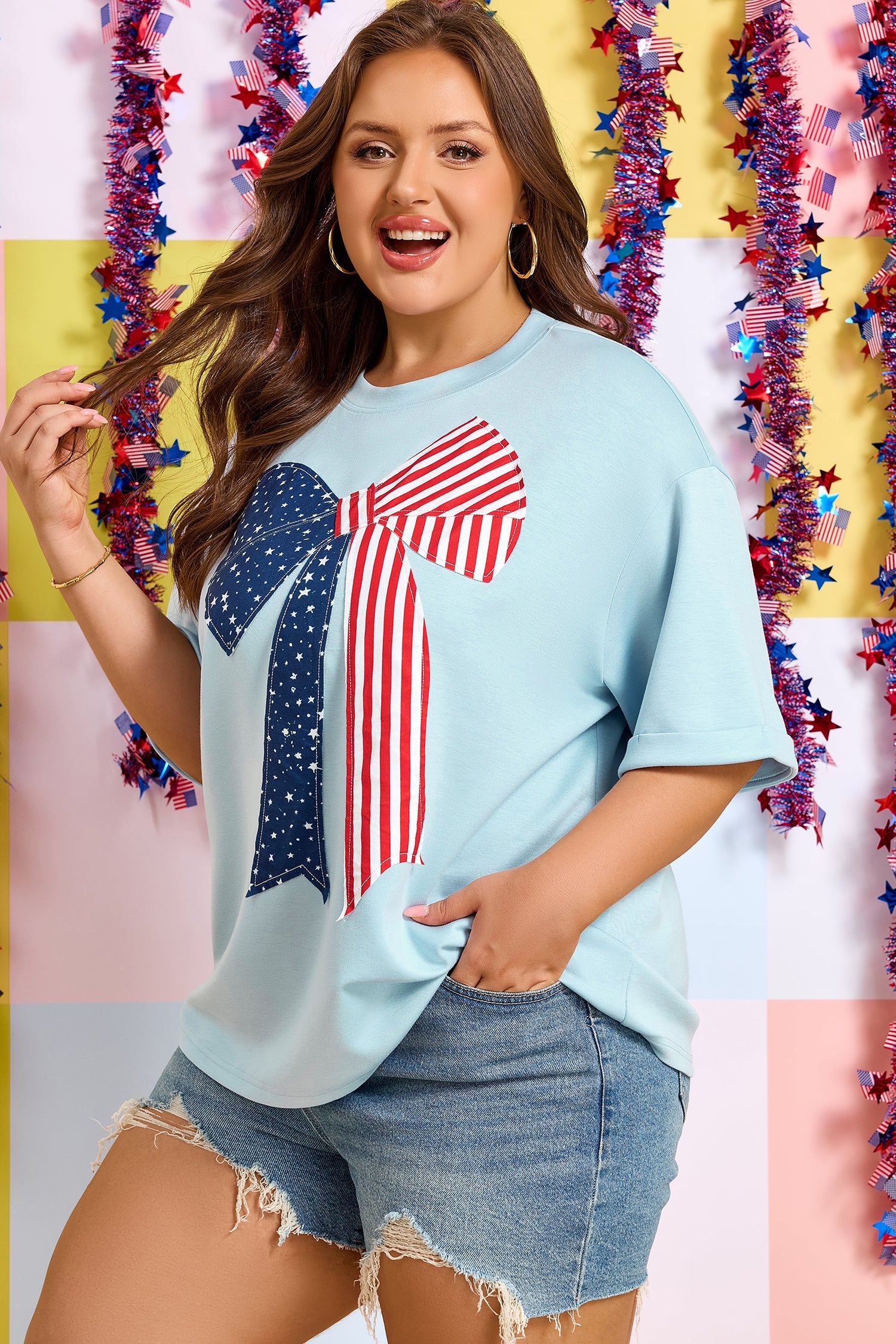 Plus Size Patriotic Stars & Stripes Bow Patchwork T-Shirt
