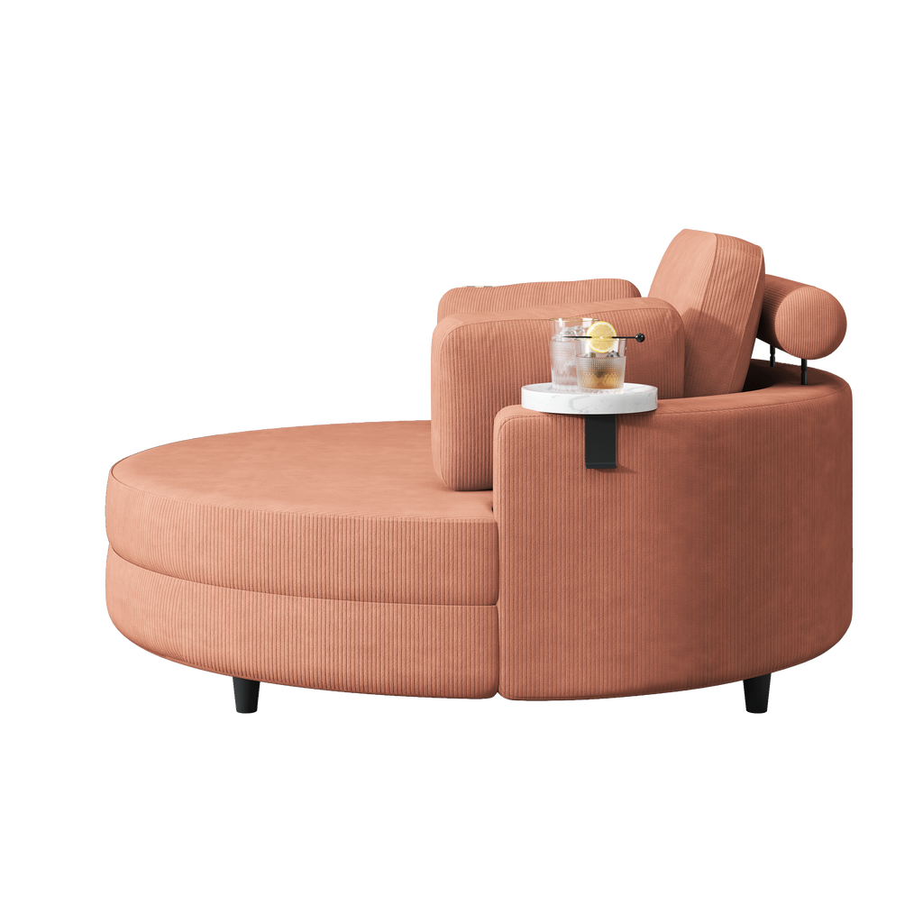 A 51-inch orange corduroy sofa with two throw pillows, a waist pillow and an extra tray is comfortable for a small apartment bedroom
