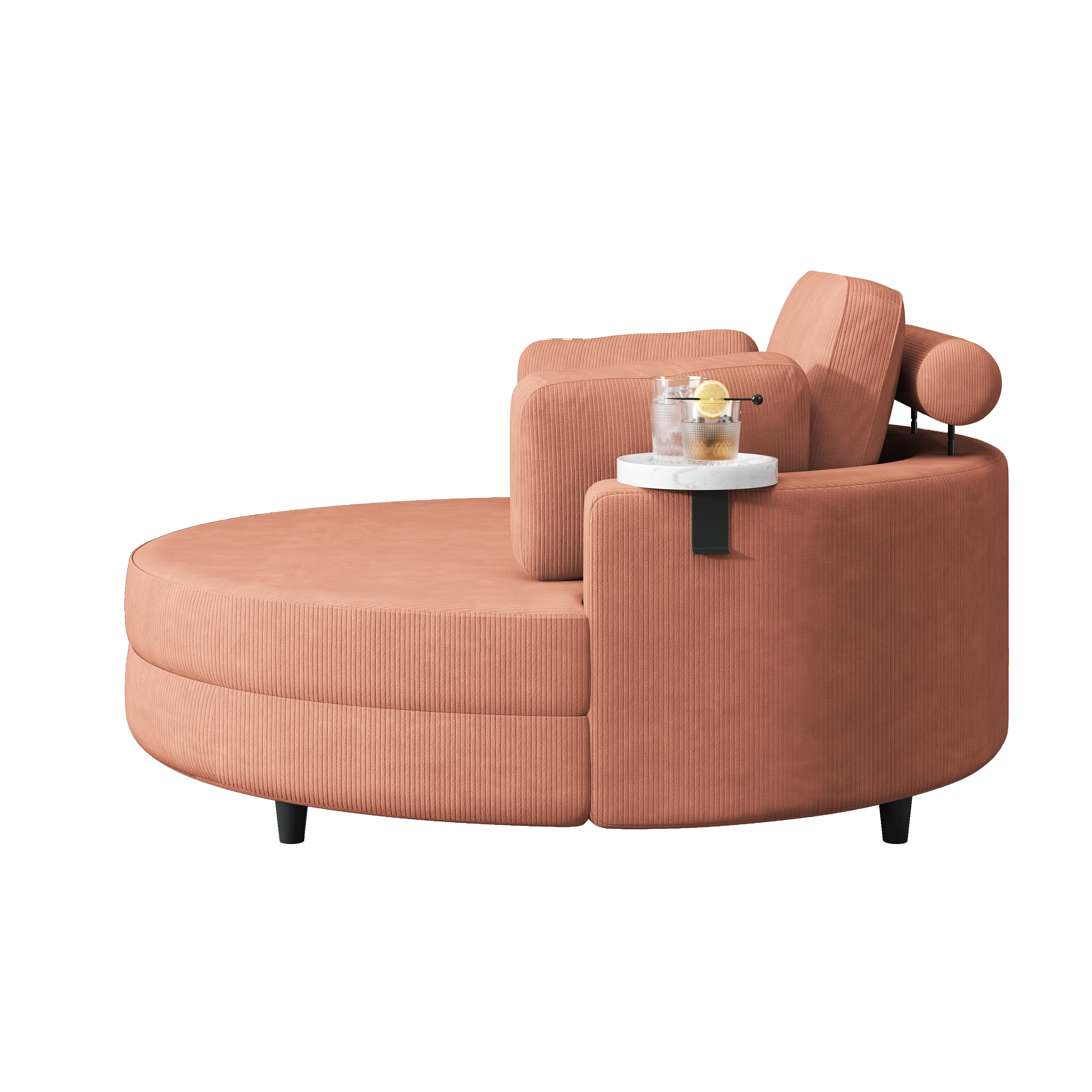 A 51-inch orange corduroy sofa with two throw pillows, a waist pillow and an extra tray is comfortable for a small apartment bedroom