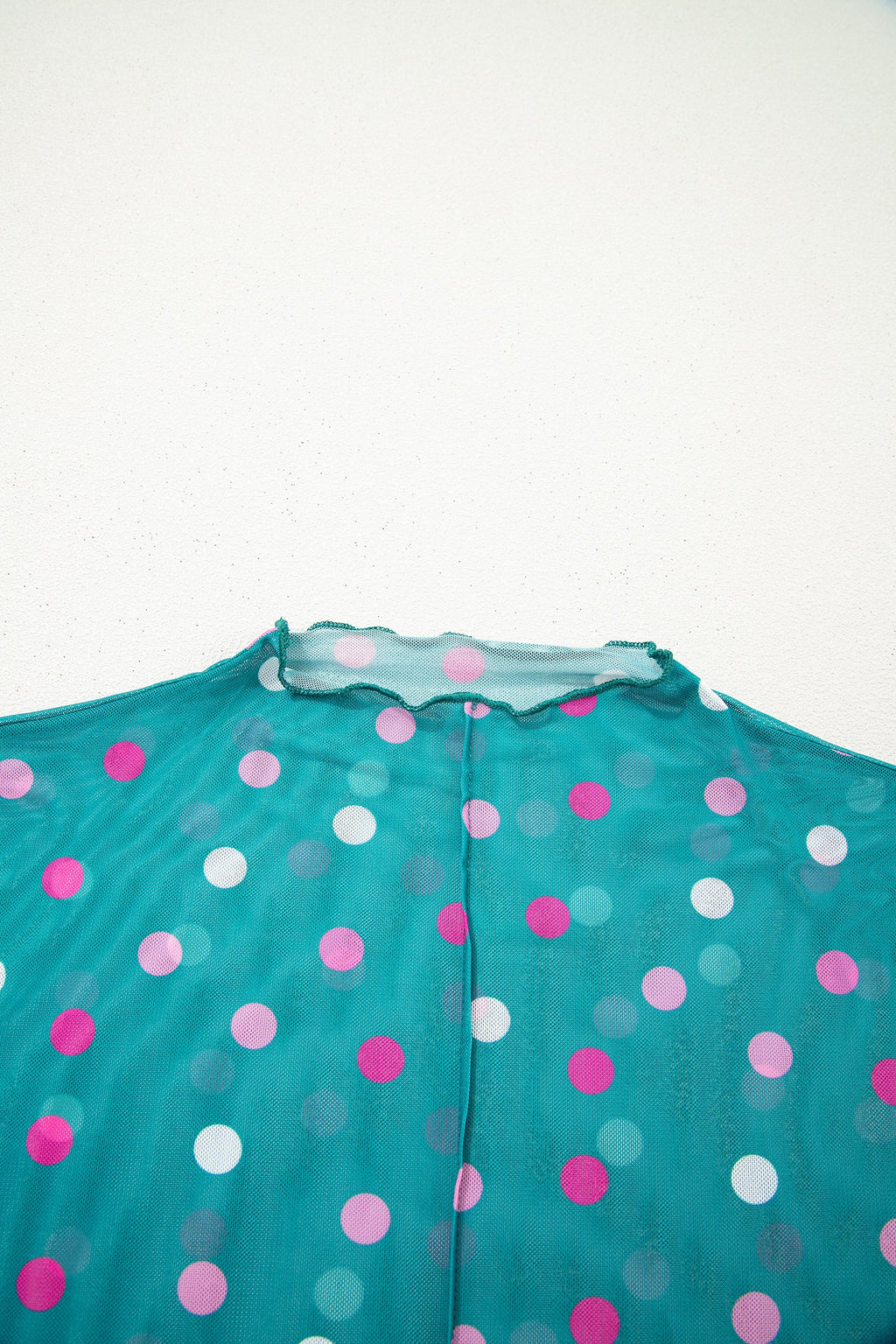 Polka Dot Mesh Bodycon Mock Neck Top