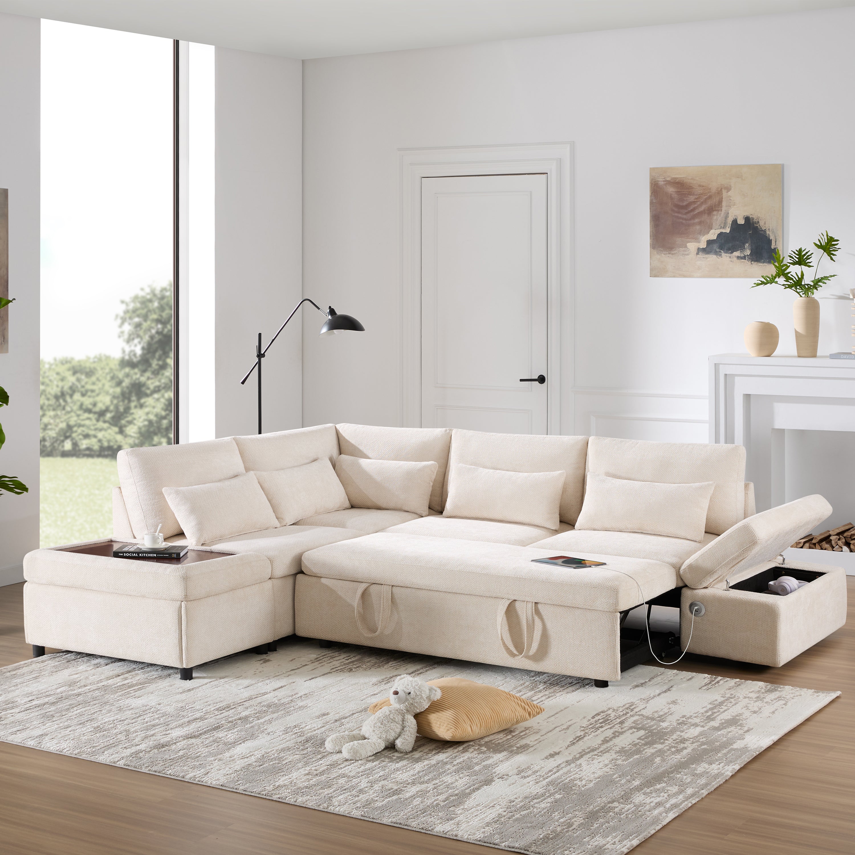 [VIDEO] 107'' Modular Sectional Pull-out Sofa, L shape with Wide Seats, Free Movement Storage Ottoman, Free Combination, Oversize Chenille Sofa for Living Room & Apartment, 2 colors