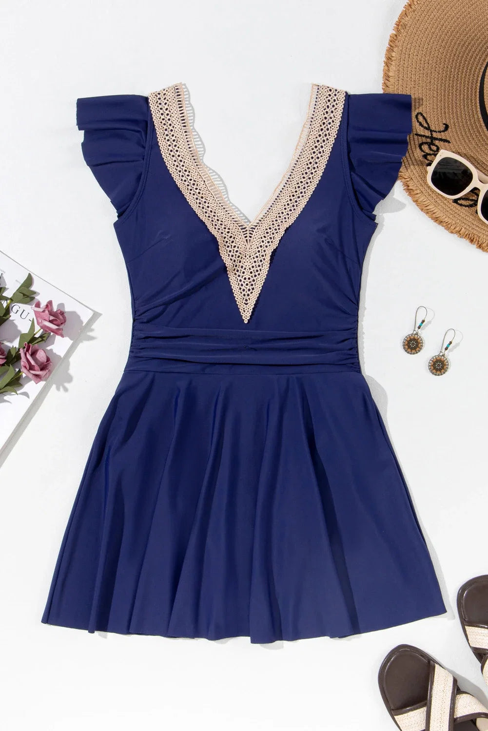 Ruffle Lace Trim V-Neck Short Sleeve Swim Dress
