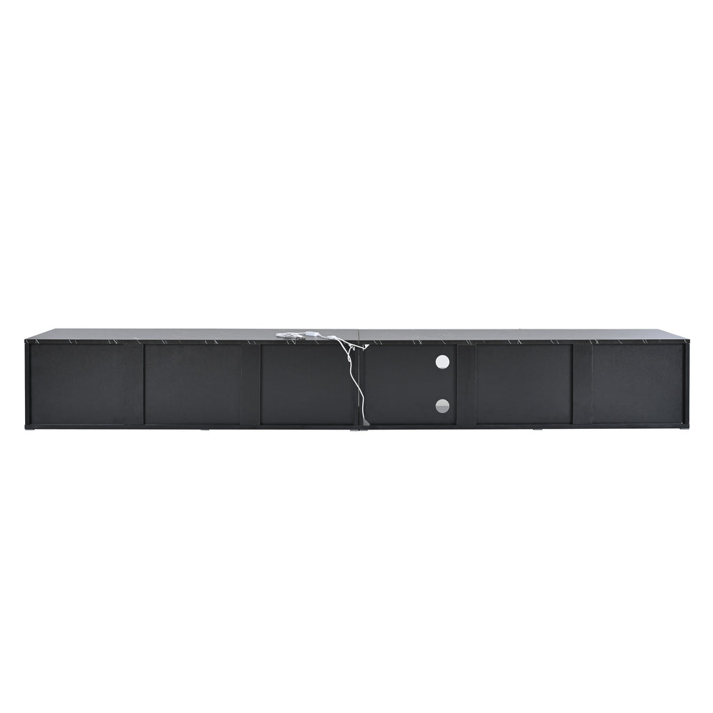 ON-TREND Modern APP Controlled LED TV Stand for TVs Up to 105'', Faux Marble Tabletop Media Console with Tempered Glass Doors, Entertainment Center with 2 Drawers & Cabinets for Living Room, Black